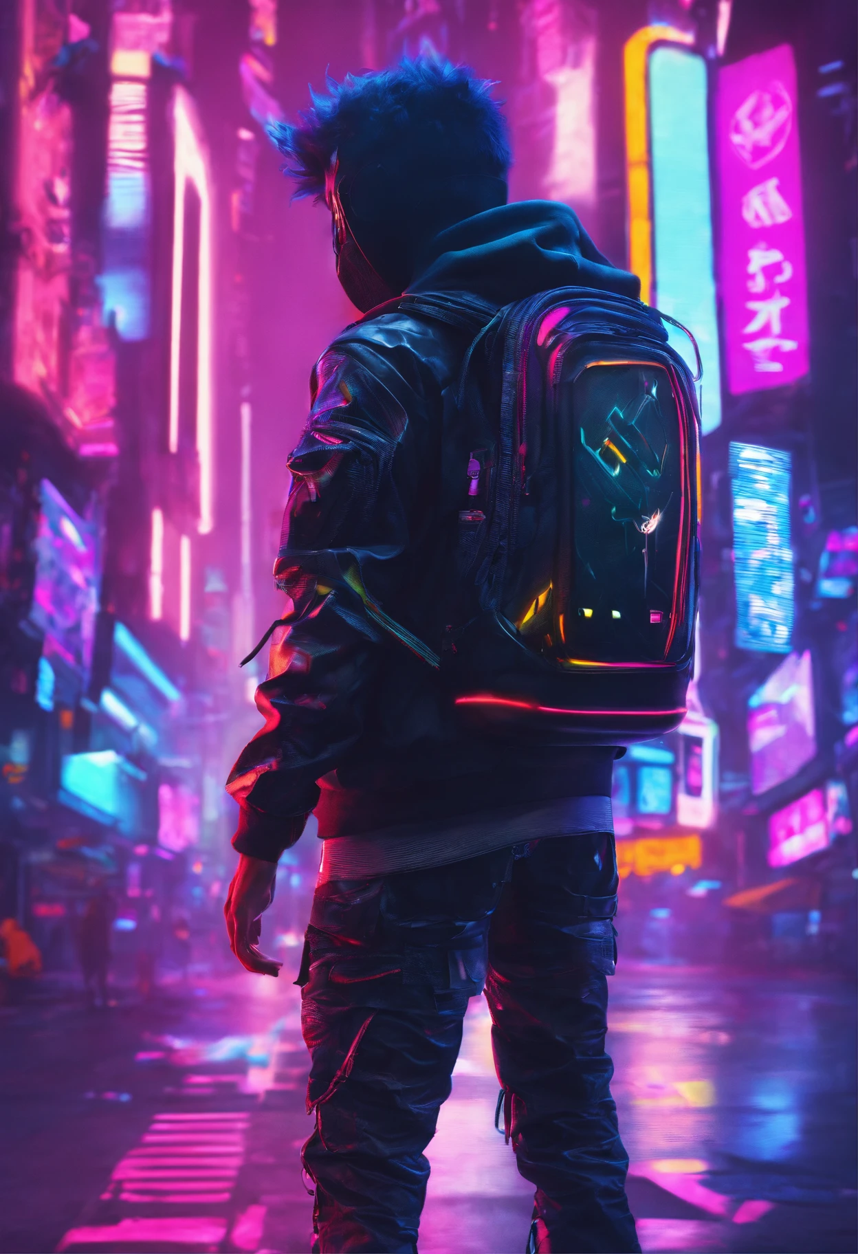 8K,Fine picture quality,Future street background,A cyberpunk boy,Carry this futuristic technology backpack,The backpack has a light,Future lighting camera in hand,Back shadow
