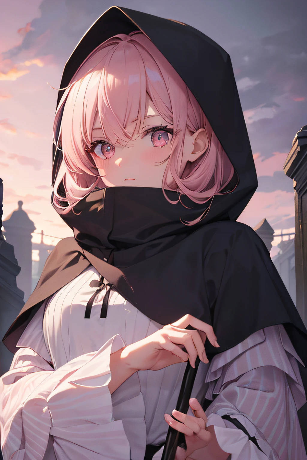(Masterpiece),high quality,best quality,cowboy shot,from behind,melina \(elden ring\),<lora:Melina__Elden_Ring:0.7>,brown hair,solo,looking at viewer,simple background,long sleeves,dress,yellow eyes,upper body,1girl,one eye closed,belt,hood,medium hair,cape,hood down,cloak,one-eyed,hooded cloak,black cloak,hooded cape,