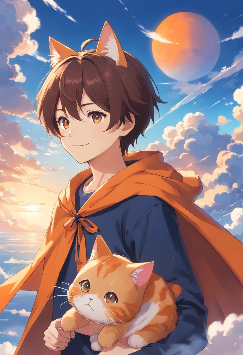 The man looked at a small orange cat wearing a cape white,An orange cat wearing a cape,Boy in cap,ssmile,The background is blue sky and white clouds , Wallin black T-shirt,With an anime logo