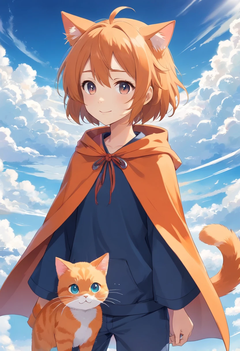 The man looked at a small orange cat wearing a cape white,An orange cat wearing a cape,Boy in cap,ssmile,The background is blue sky and white clouds , Wallin black T-shirt,With an anime logo
