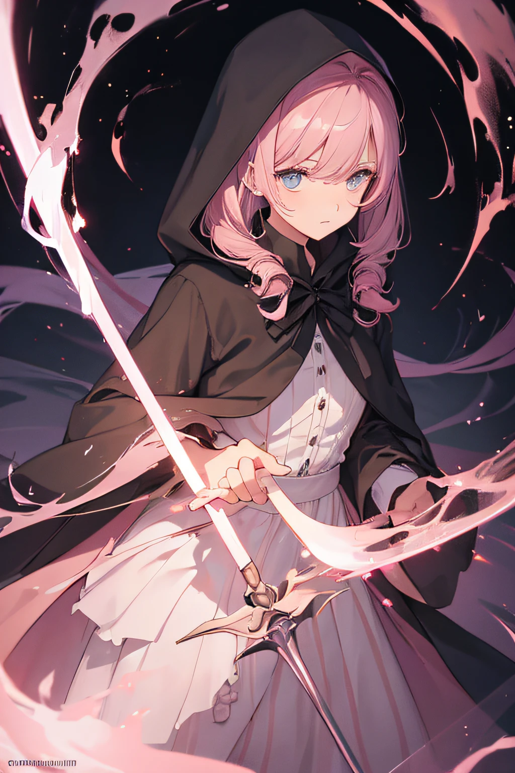 Female Grim Reaper protecting cute hooded girl shrouded in dark mist,Wielding a scythe,Emerge from the swirling shadows.Stand in the Cemetery of Forgotten Souls.(Light brown and light pink striped hair:1.3,),Perfect face,Proper body proportion,masutepiece,Super high-quality output images,超A high resolution,Intricate details,Very delicate and beautiful hair,photographrealistic,Dreamy,Professional Lighting,realistic shadow,Solo Focus,Beautiful hands,Beautiful fingers,Detailed finger features,detailed clothes features,Detailed hair features,detailed facial features,