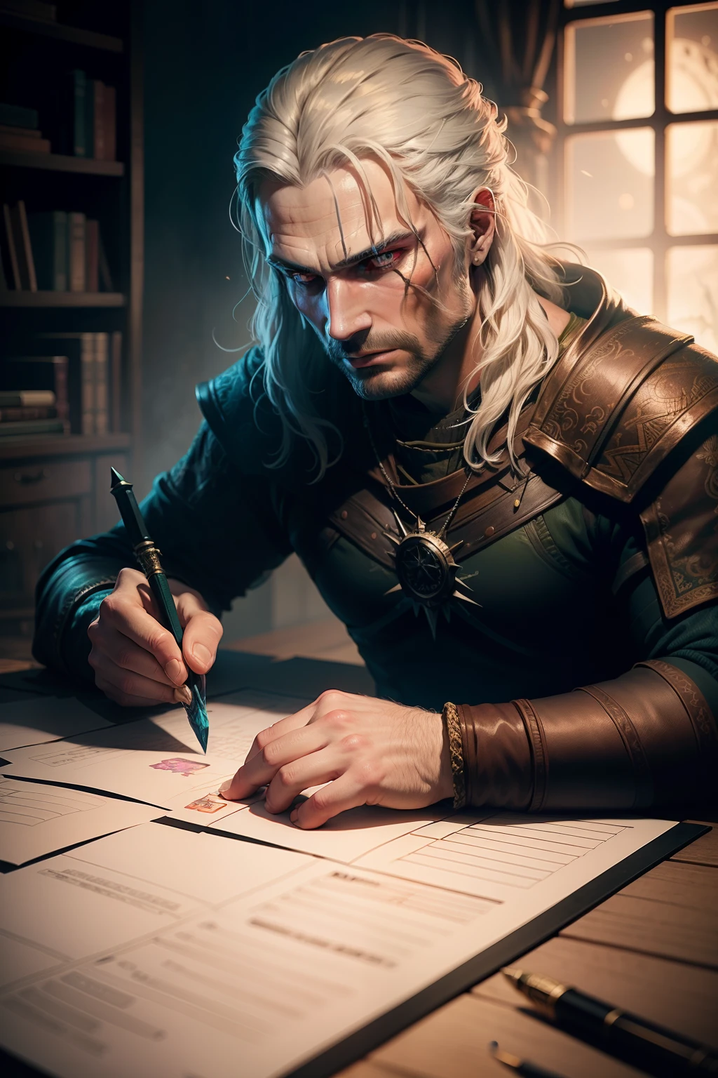 Create a psychedelic illustration of the witcher planning on a table