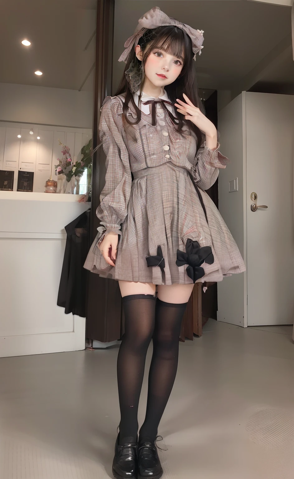 Lady Idol in Mini Dress、large full breasts、beautiful foot、Wave Roll Hair、、Good Style、Rose Pink Lolita Fashion、Decoration of roses、a miniskirt、Black Knee High Socks