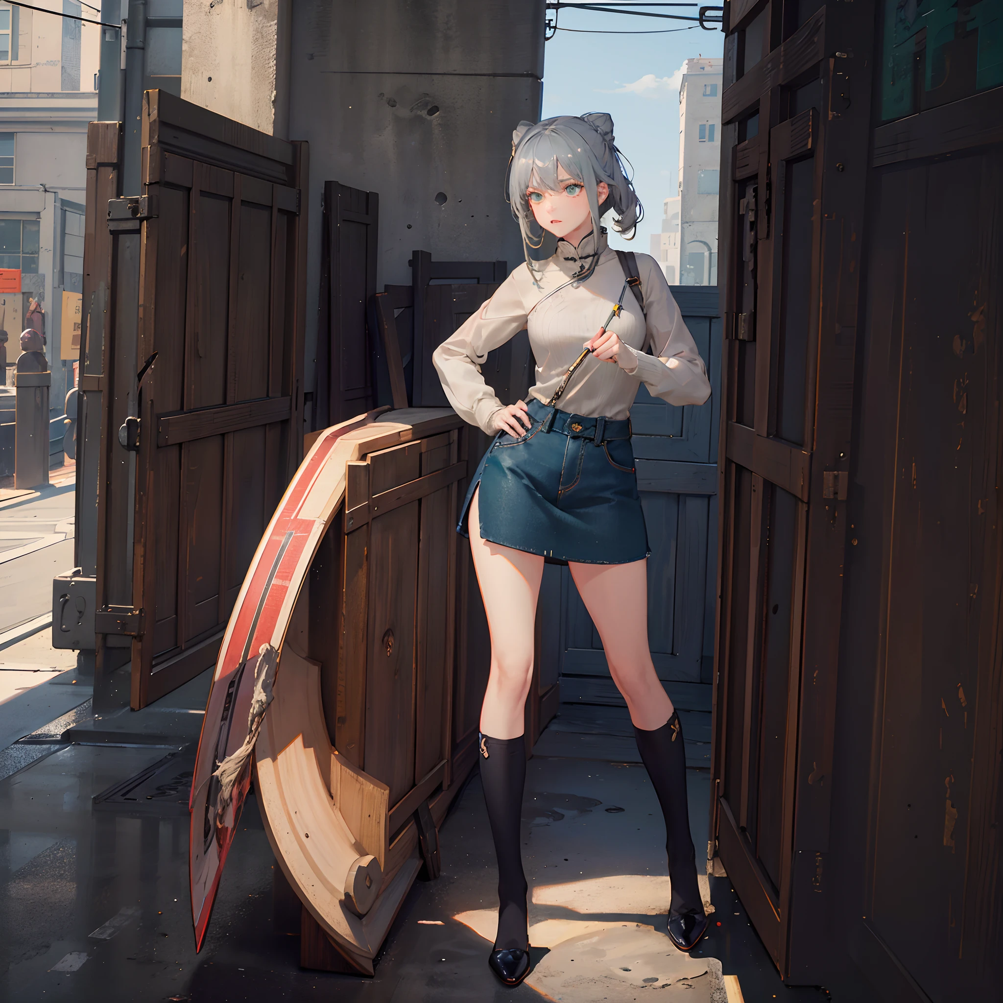 (masterpiece), (best quality), (highly detailed), flat color:1.4, 1girl, emerald green eyes, grey hair, Chinese bun, denim skirt, dynamic pose, Martial artist, This is one page in the picture book.:1.5、Beige sweater