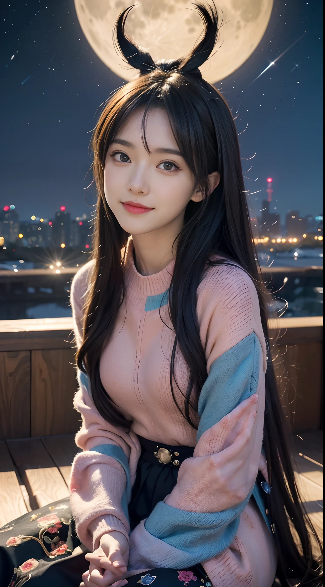 Anime girl with long hair and blue eyes standing in front of full moon, style of anime4 K, Stunning anime face portrait, Detailed digital anime art, Anime art wallpaper 4k, Anime art wallpaper 4k, Anime art wallpaper 8k, a beautiful anime portrait, Smiling, (Alebriss Art Style), Meteor shower in the starry sky, Several lesbians sitting together looking at the stars,event,event:1.3,masutepiece, Best quality, intricately details, absurderes,,(Urzan-6500-V1 Release, Edition.3,PureFace_V1,rendering by octane)