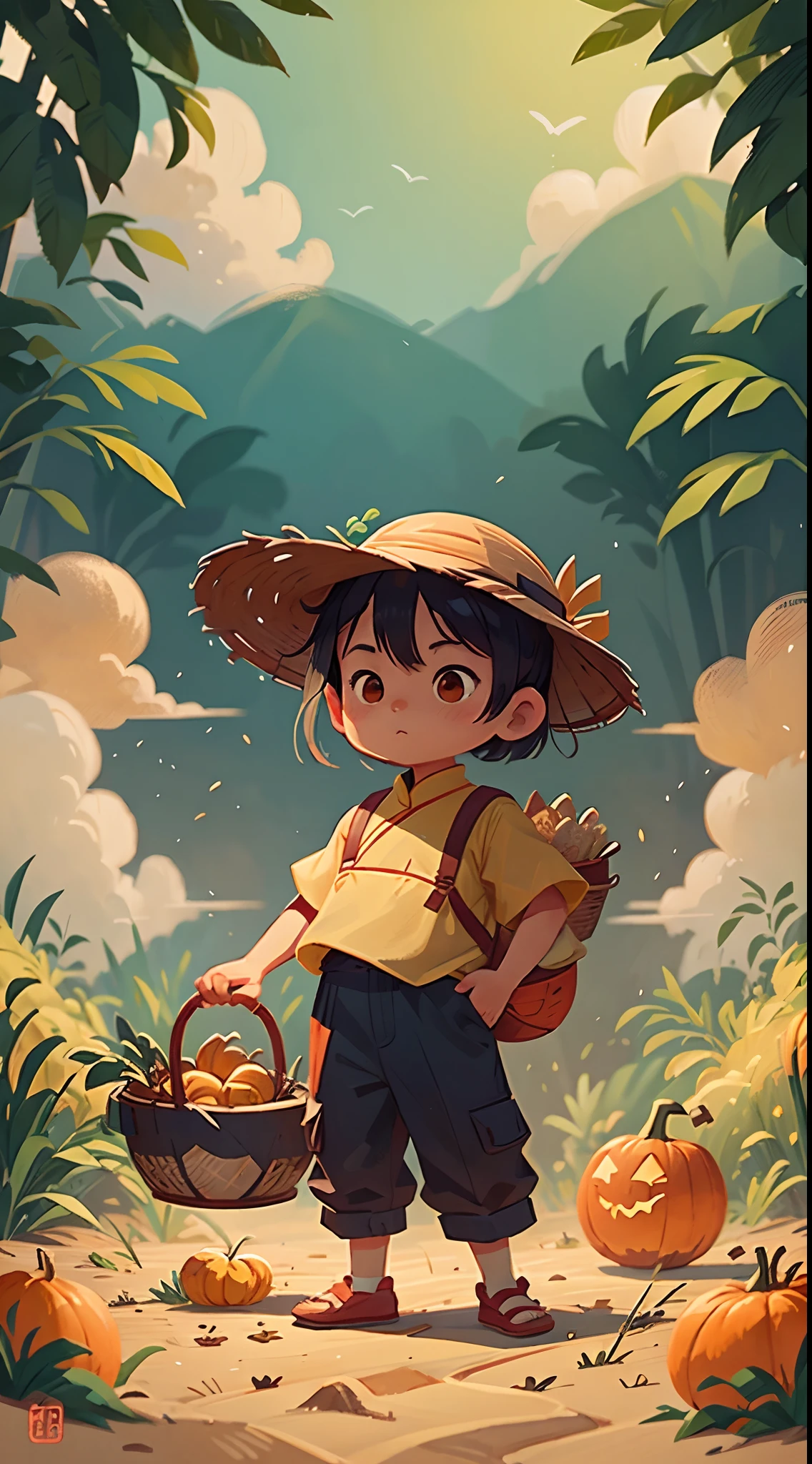 Chinese tide illustration,A stands next to a bamboo basket holding a pumpkin in his hand,wheat,Auspicious clouds,Background with gold gradient,Chinese mythology,detail-rich