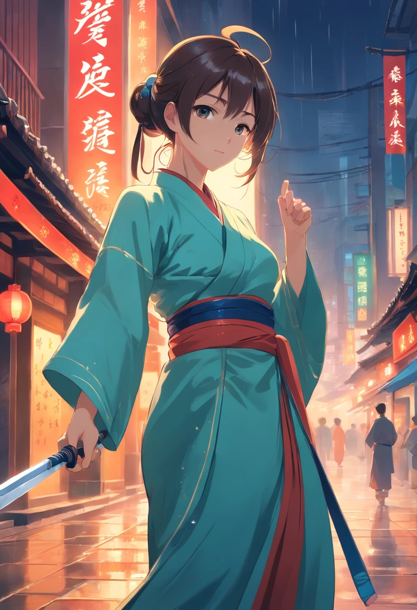 1个Giant Breast Girl，Kungfu，Hold a long knife, Presents a chopping state，Remains Cliff，Surrounded by rain，Illustration style，motionblur，full bodyesbian，(exquisitefacialfeatures，Perfect hand features，Wear Hanfu，Night clothes)，Chinese ink style，martial arts style，Selective focusing，in a panoramic view，（Bokeh:1.5），tmasterpiece，ultra - detailed，Epic composition，HighestQuali，16k