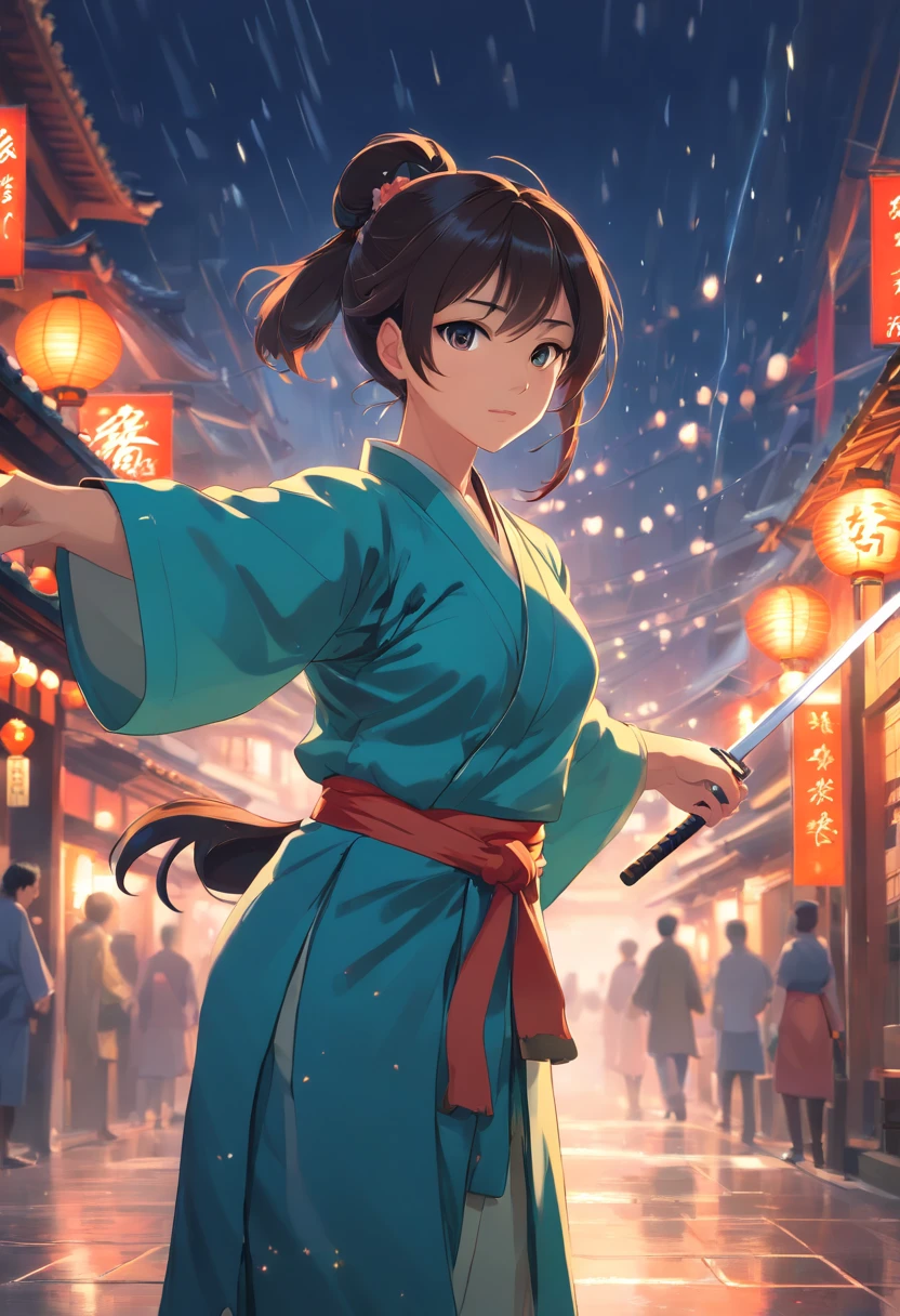 1个Giant Breast Girl,Kungfu,Hold a long knife, Presents a chopping state,Remains Cliff,Surrounded by rain,Illustration style,motionblur,full bodyesbian,(exquisitefacialfeatures,Perfect hand features,Wear Hanfu,Night clothes),Chinese ink style,martial arts style,Selective focusing,in a panoramic view,(Bokeh:1.5),tmasterpiece,ultra - detailed,Epic composition,HighestQuali,16k