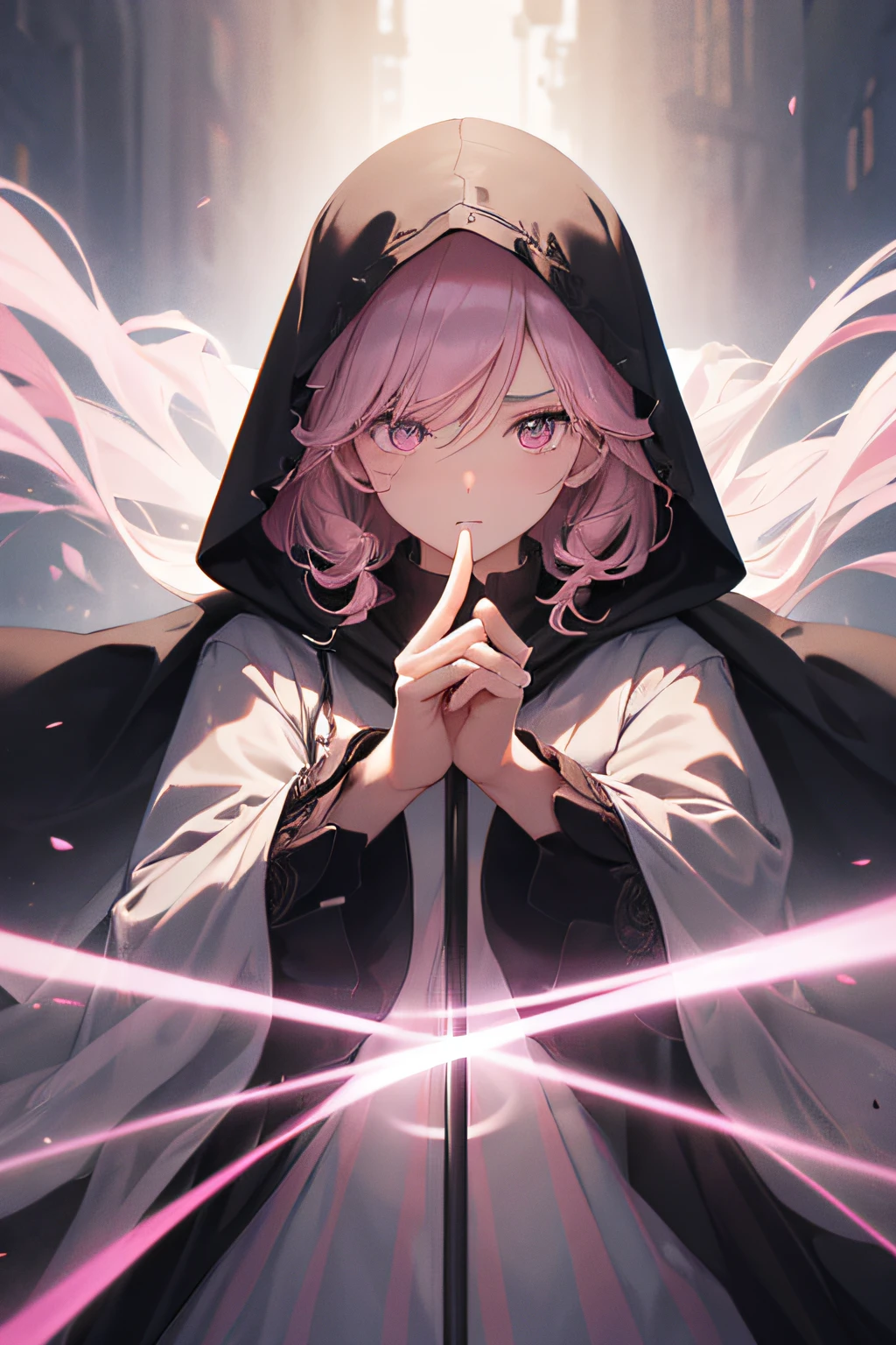 Female Grim Reaper protecting cute hooded girl shrouded in dark mist,Wielding a scythe,Emerge from the swirling shadows.Stand in the Cemetery of Forgotten Souls.(Light brown and light pink striped hair:1.3,),Perfect face,Proper body proportion,masutepiece,Super high-quality output images,超A high resolution,Intricate details,Very delicate and beautiful hair,photographrealistic,Dreamy,Professional Lighting,realistic shadow,Solo Focus,Beautiful hands,Beautiful fingers,Detailed finger features,detailed clothes features,Detailed hair features,detailed facial features,