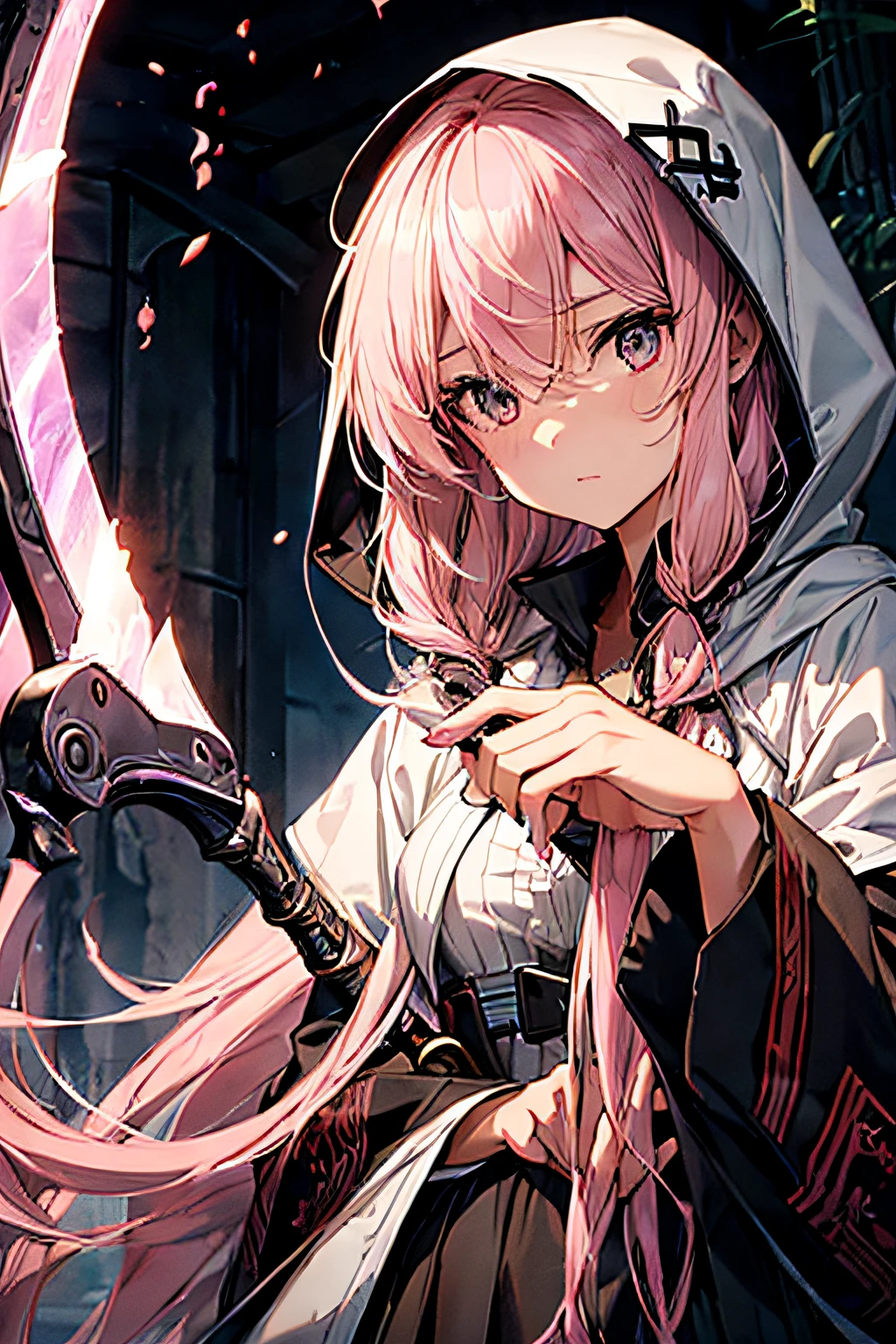 Female Grim Reaper protecting cute hooded girl shrouded in dark mist,Wielding a scythe,Emerge from the swirling shadows.Stand in the Cemetery of Forgotten Souls.(Light brown and light pink striped hair:1.3,),Perfect face,Proper body proportion,masutepiece,Super high-quality output images,超A high resolution,Intricate details,Very delicate and beautiful hair,photographrealistic,Dreamy,Professional Lighting,realistic shadow,Solo Focus,Beautiful hands,Beautiful fingers,Detailed finger features,detailed clothes features,Detailed hair features,detailed facial features,