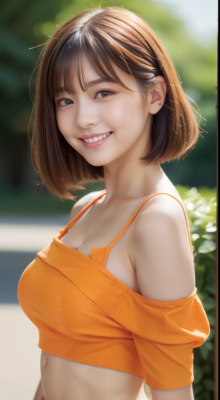 Enhanced dynamic perspective,Cute cute beautiful girl,((Orange cotton off-the-shoulder top))、Short pants、Look at me and smile,simple backgound,Works of masters,high quarity,4K resolution,super-fine,Detailed pubic hair,acurate,Cinematic lighting,Leaves the original facial proportions、(Huge breasts)、