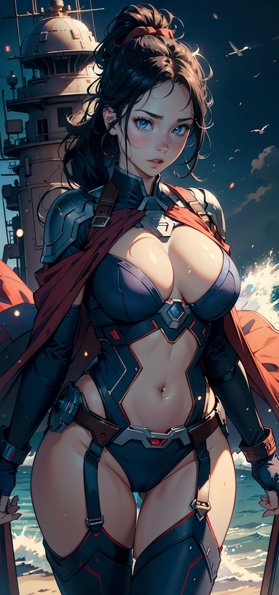 1female,35yo,plumw,extremely large bosom, 独奏,(Background with:Huge machinery,warships,the sea,battleships,nevando) She has short black hair,High ponytail,Standing at the bow of the ship,,seen from the front, hair straight, mostly cloudy sky,(((tmasterpiece),(Very detailed CG unity 8K wallpaper),best qualtiy,cinmatic lighting,detailed back ground,beatiful detailed eyes,Bright pupils,Blue eyes,Snow-whiteskin,Redlip(Very fine and beautiful),(Beautiful and detailed eye description),ultra - detailed,tmasterpiece,))facing at camera,A high resolution,ultra - detailed),revealing breasts,Bare genitalia, Bulge,legs are open,Raised sexy,Camel toes,Flushed complexion,Desire for dissatisfaction,frontage,captain america,Dark blue Iron Man uniform,Red cape