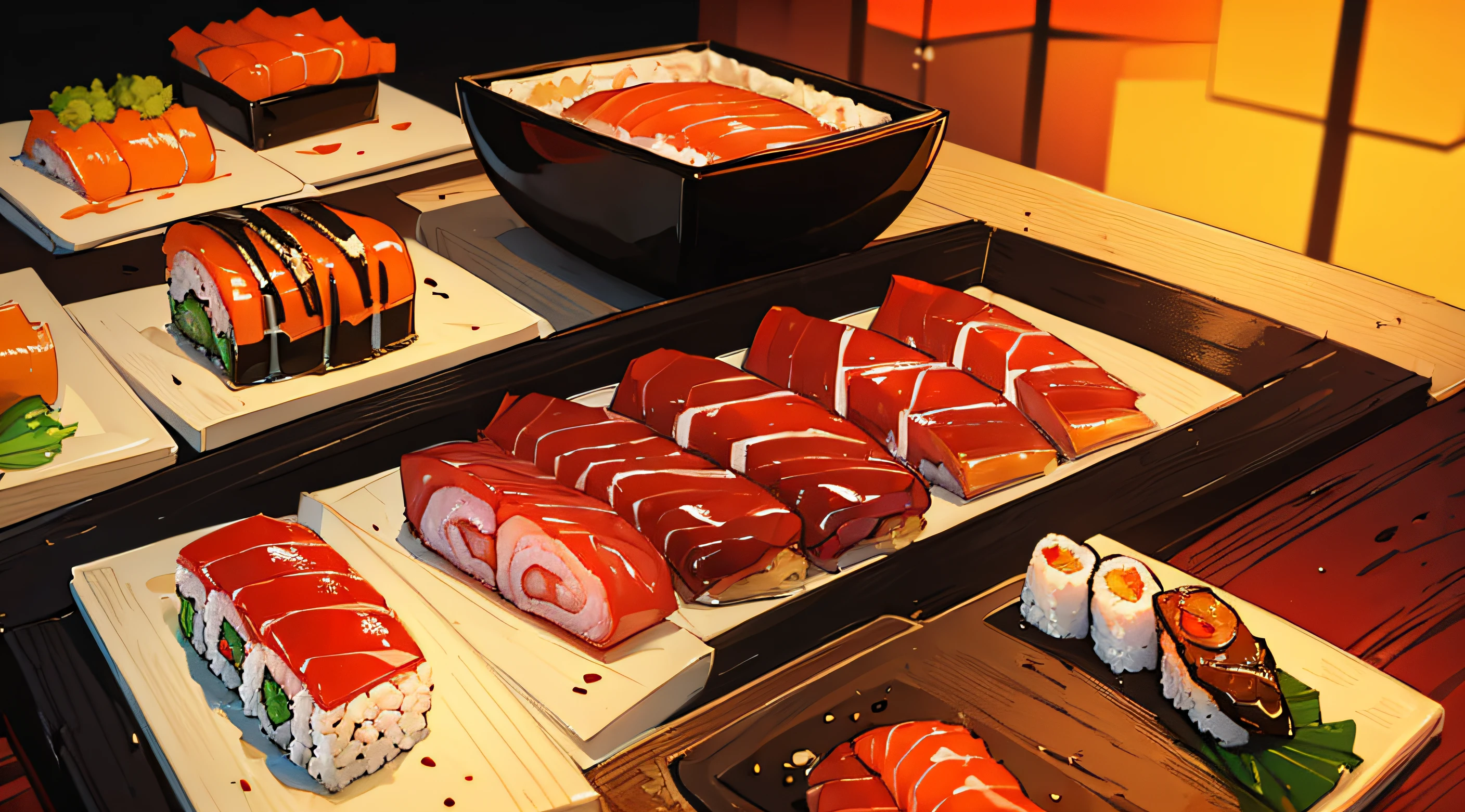 ((Masterpiece)), ((Best Quality)), A beautifully plated sushi assortment with colorful sashimi, maki rolls, and pickled ginger, set against a dark wooden backdrop.