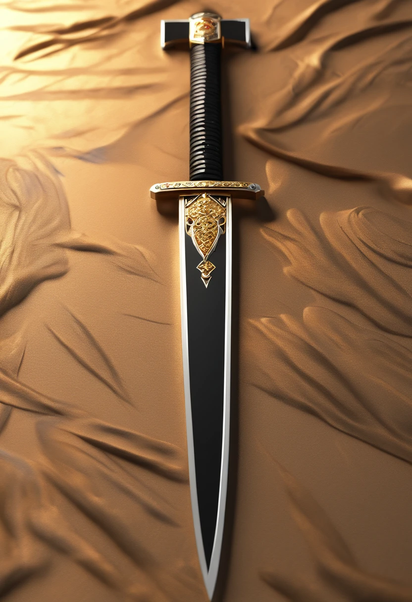 A black Han sword inlaid with precious stones and gold thread,Placed on the table