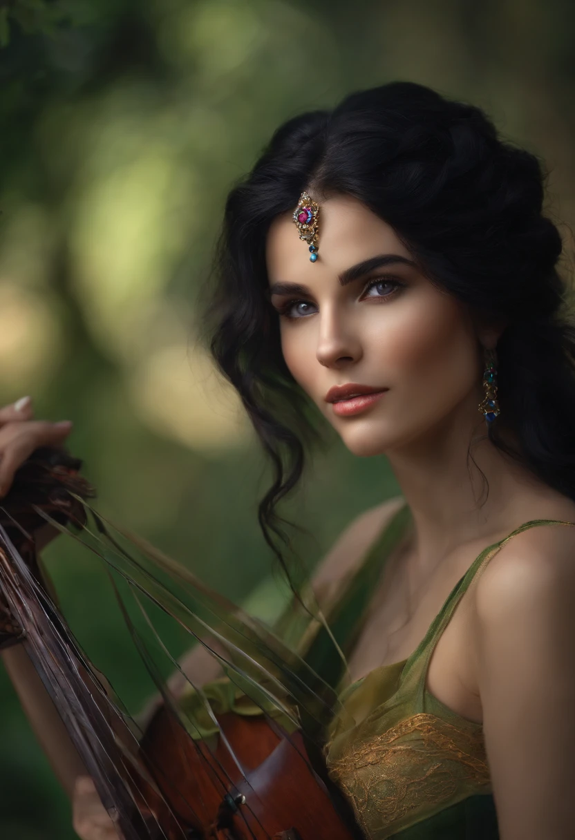 an elf bard of 18 years, black hair, fair skin, woman