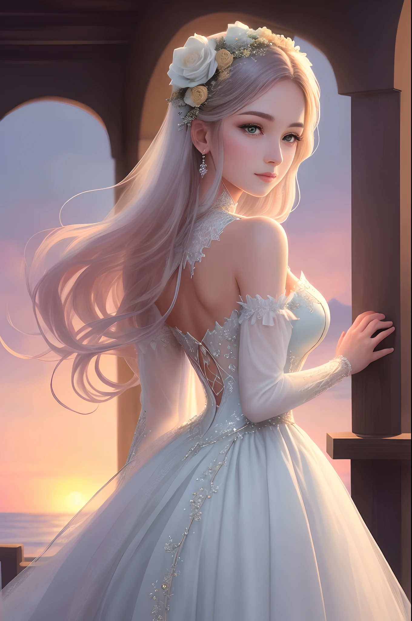 A breathtakingly beautiful woman stands in a blooming rose garden,Wear a beautiful dress made entirely of delicate flowers.Her long hair ran down her back,Form gentle waves,Sketch her angelic face,Add to her ethereal look。。。。. The roses in her dress were perfectly arranged,Create a gradient effect that matches the pastel tones of the sunset sky in the background.The woman's serene expression and elegant posture exude a sense of calm and peace,It was as if she was one with nature.The atmosphere is magical and charming,With excellent quality,Transports the viewer to a world full of wonder and beauty.The lighting is warm and soft,Cast a soft glow in the scene,The woman's flawless skin tone and the intricate details of the dress stand out.The overall effect is pure charm,Ethereal beauty,Let the audience be attracted by the magnificence of the scene.exquisitedetails,epic detail ighly detailed