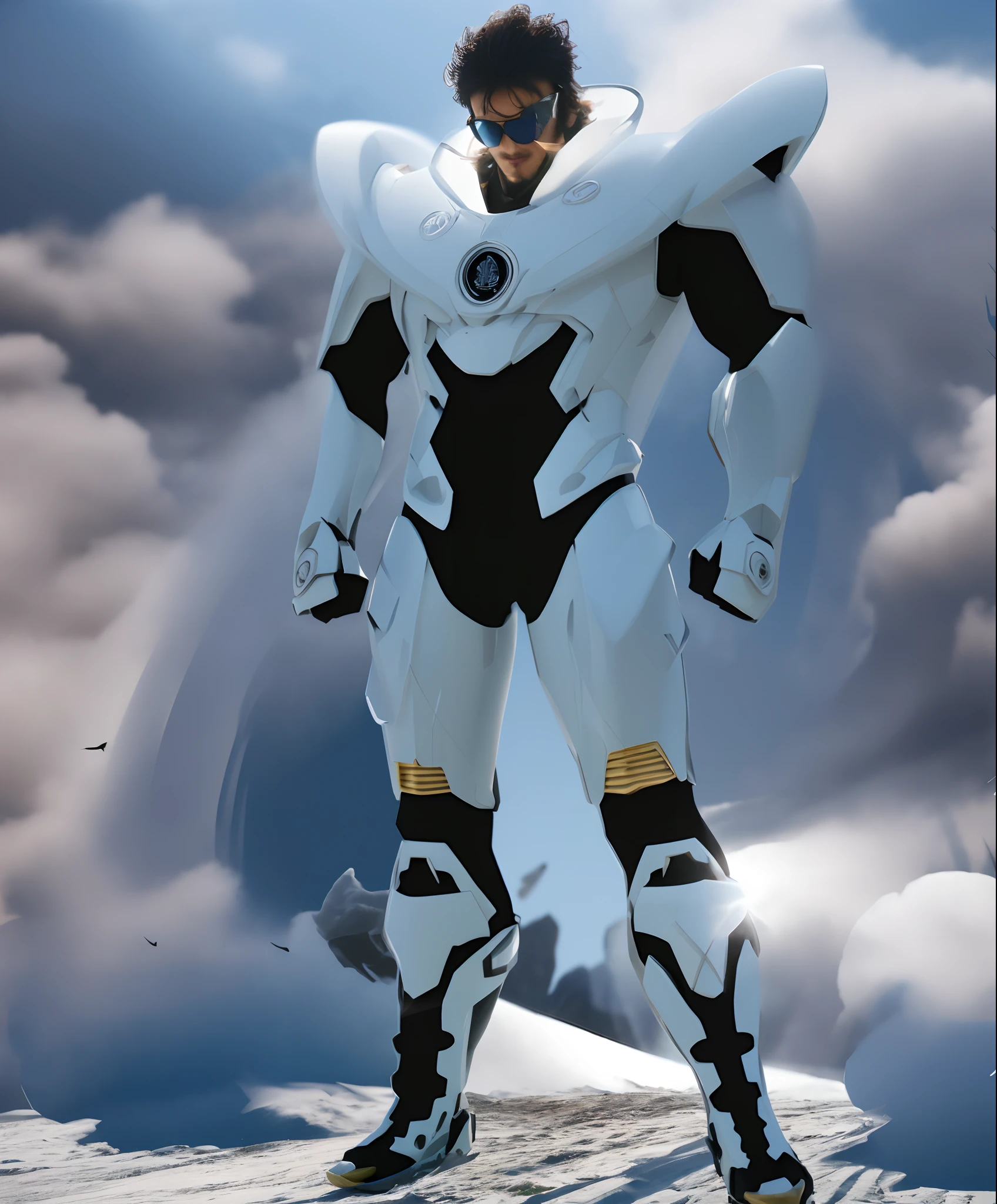 Man with sunglasses，Full body mecha，(Gold and red machinery)，mountains background，Cloud fog，(8K, RAW photo, Best quality, Masterpiece:1.2), (Photorealistic, Realistic:1.4),