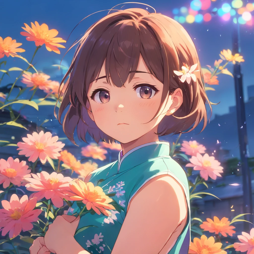 vivd colour, 16k, hyper HD, High-density imaging review 10, (tmasterpiece:1. 5), absurderes, (best qualtiy:1. 5),solid color backdrop,A girl,Hold your arms,Frowning,Staring at you angrily,Pouting angrily,Floral half-sleeved cheongsam,Cute fat girl,A ball head