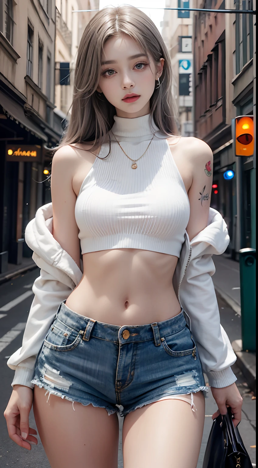 Urban Beautiful Girl College Student，tmasterpiece，Light makeup，Redlip，Silvery hair，Messy long hair，streets background，gracefulness，Elegance。ultra fine detailed，Works of masters，Authentic texture，Cinematic lighting realism，perfect works，8K，k hd，Delicate facial features，White skinny turtleneck top，White skinny shorts，Slim figure，Big bright eyes，Smooth skin，eardrop，choker necklace，Tattooed with