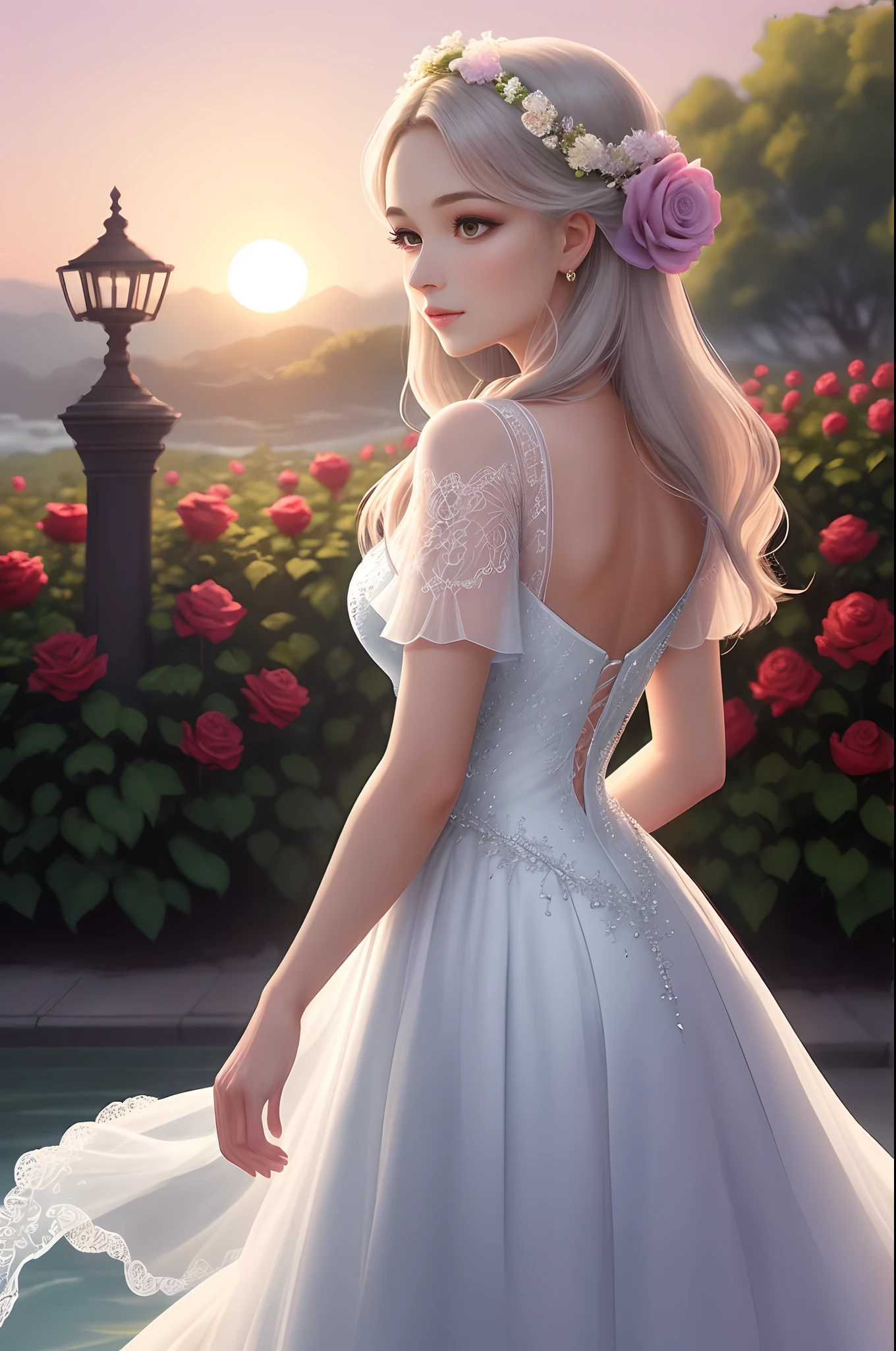 A breathtakingly beautiful woman stands in a blooming rose garden,Wear a beautiful dress made entirely of delicate flowers.Her long hair ran down her back,Form gentle waves,Sketch her angelic face,Add to her ethereal look。。。。. The roses in her dress were perfectly arranged,Create a gradient effect that matches the pastel tones of the sunset sky in the background.The woman's serene expression and elegant posture exude a sense of calm and peace,It was as if she was one with nature.The atmosphere is magical and charming,With excellent quality,Transports the viewer to a world full of wonder and beauty.The lighting is warm and soft,Cast a soft glow in the scene,The woman's flawless skin tone and the intricate details of the dress stand out.The overall effect is pure charm,Ethereal beauty,Let the audience be attracted by the magnificence of the scene.exquisitedetails,epic detail ighly detailed