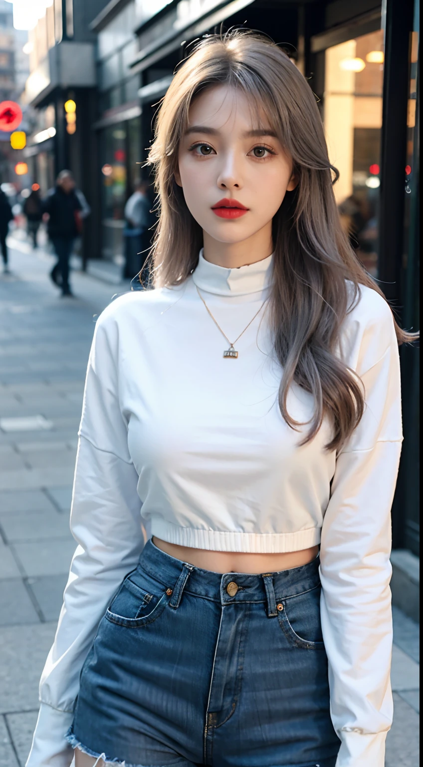 Urban Beautiful Girl College Student，tmasterpiece，Light makeup，Redlip，Silvery hair，Messy long hair，streets background，gracefulness，Elegance。ultra fine detailed，Works of masters，Authentic texture，Cinematic lighting realism，perfect works，8K，k hd，Delicate facial features，White skinny turtleneck top，White skinny shorts，Slim figure，Big bright eyes，Smooth skin，eardrop，choker necklace，Tattooed with