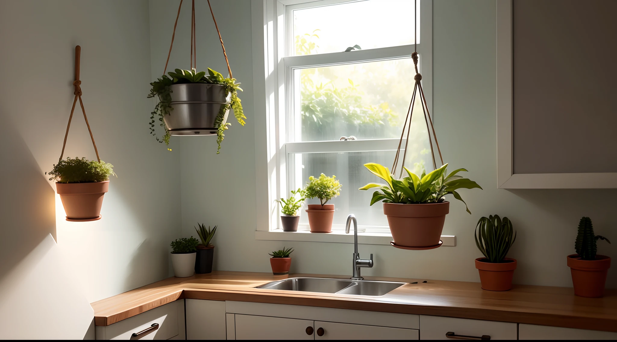Cozinha Minimalista
Em uma cozinha com um estilo minimalista, Add aerial fern to a hanging pot of macramé Hang it next to a window so that the plant receives the necessary light