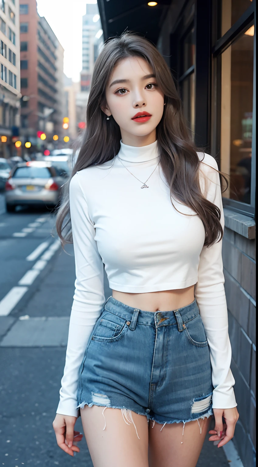 Urban Beautiful Girl College Student,tmasterpiece,Light makeup,Redlip,Silvery hair,Messy long hair,streets background,gracefulness,Elegance。ultra fine detailed,Works of masters,Authentic texture,Cinematic lighting realism,perfect works,8K,k hd,Delicate facial features,White skinny turtleneck top,White skinny shorts,Slim figure,Big bright eyes,Smooth skin,eardrop,choker necklace,Tattooed with