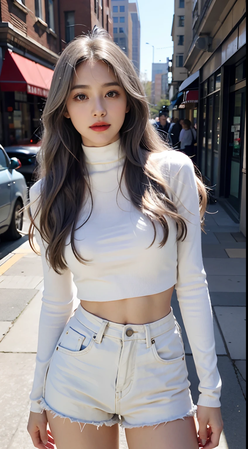 Urban Beautiful Girl College Student，tmasterpiece，Light makeup，Redlip，Silvery hair，Messy long hair，streets background，gracefulness，Elegance。ultra fine detailed，Works of masters，Authentic texture，Cinematic lighting realism，perfect works，8K，k hd，Delicate facial features，White skinny turtleneck top，White skinny shorts，Slim figure，Big bright eyes，Smooth skin，eardrop，choker necklace，Tattooed with