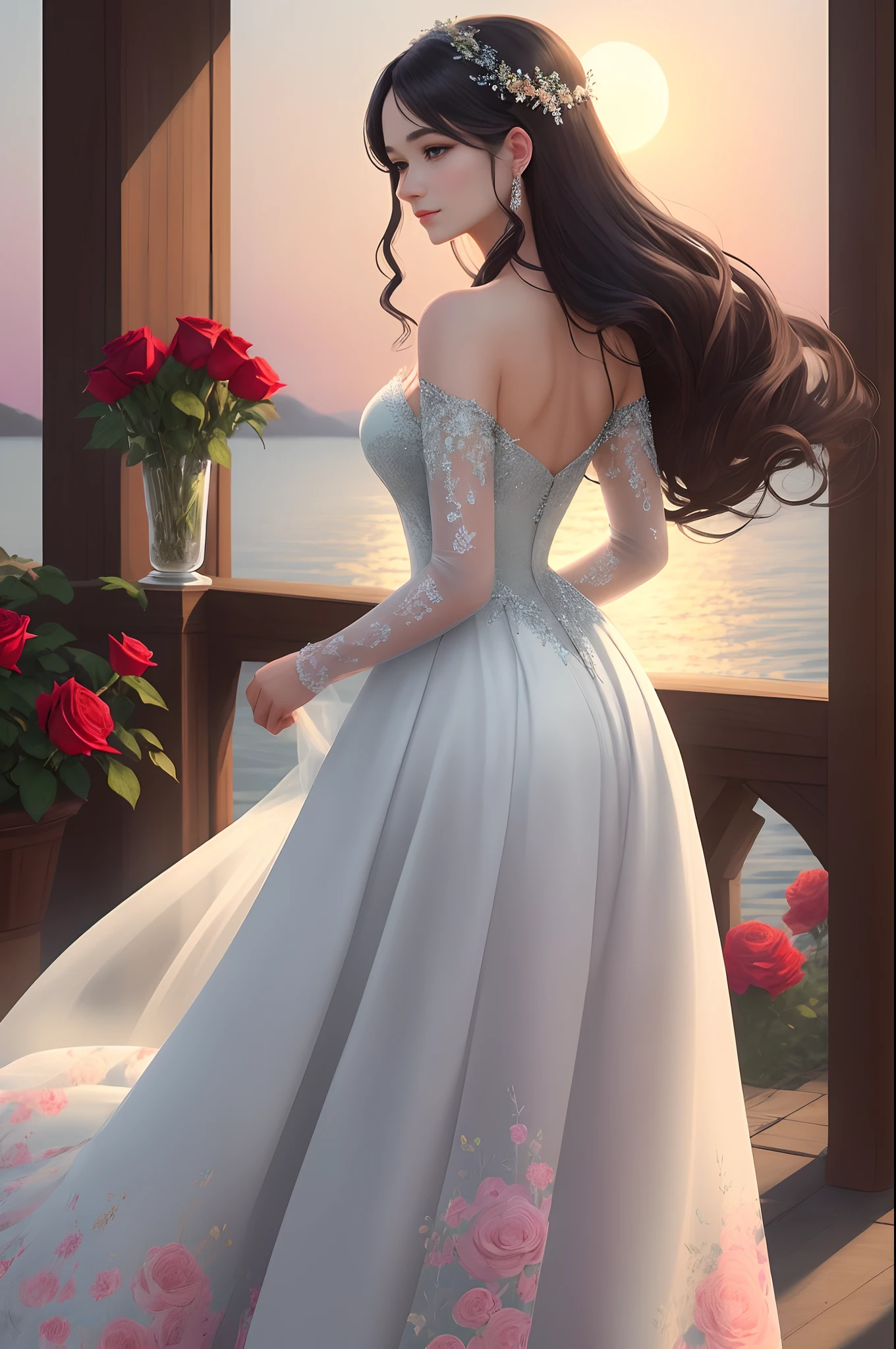 A breathtakingly beautiful woman stands in a blooming rose garden，Wear a beautiful dress made entirely of delicate flowers．Her long hair ran down her back，Form gentle waves，Sketch her angelic face，Add to her ethereal look。。。。. The roses in her dress were perfectly arranged，Create a gradient effect that matches the pastel tones of the sunset sky in the background．The woman's serene expression and elegant posture exude a sense of calm and peace，It was as if she was one with nature．The atmosphere is magical and charming，With excellent quality，Transports the viewer to a world full of wonder and beauty．The lighting is warm and soft，Cast a soft glow in the scene，The woman's flawless skin tone and the intricate details of the dress stand out．The overall effect is pure charm，Ethereal beauty，Let the audience be attracted by the magnificence of the scene．exquisitedetails，epic detail ighly detailed