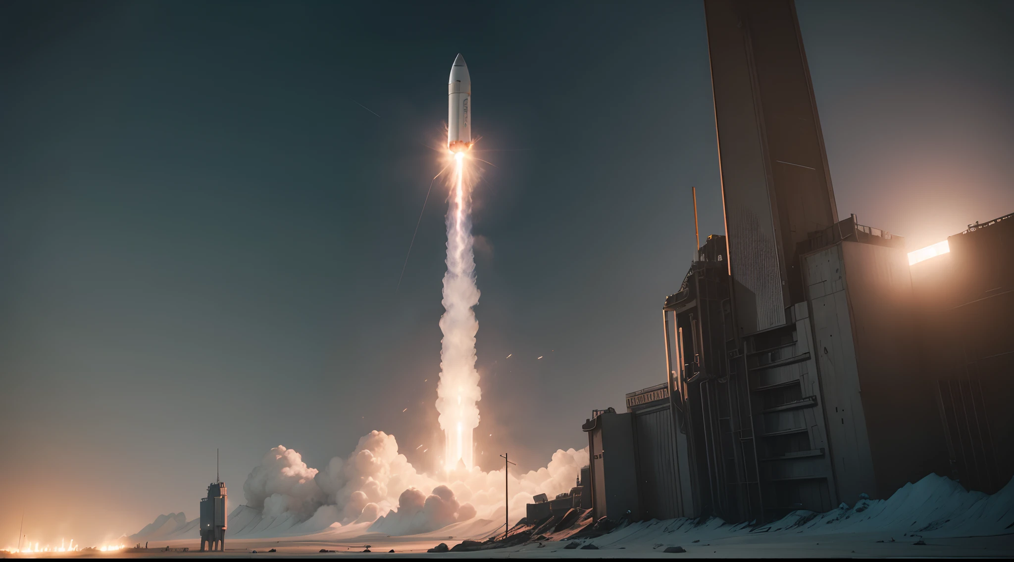 1 rocket being launched in dystopian future from the moon at night