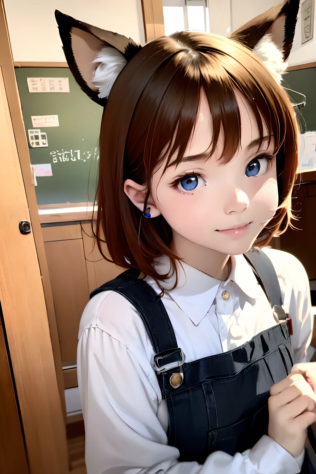 (masterpiece:1.2、top-quality)、intricate detailes、1girl in、sixteen years old、 brown haired、Light brown eyes、pinafore、animal ear、A smile、Hands together、door、doress、White ?????、Indoors、long-sleeve、blue eyess、looking at the viewers、Goth loli made clothes、shorth hair、Maids、maid apronl、dog ears、window、bangss、is standing、Mouth closed、(((income:1.5))),(Wide Angle), (top down),Realistic scale,Anime style,Super Detail, Realistic, Super realistic,lifelike rendering,(((school classrooms:1.5,Classroom lined with desks:1.2))),Professional Photographer