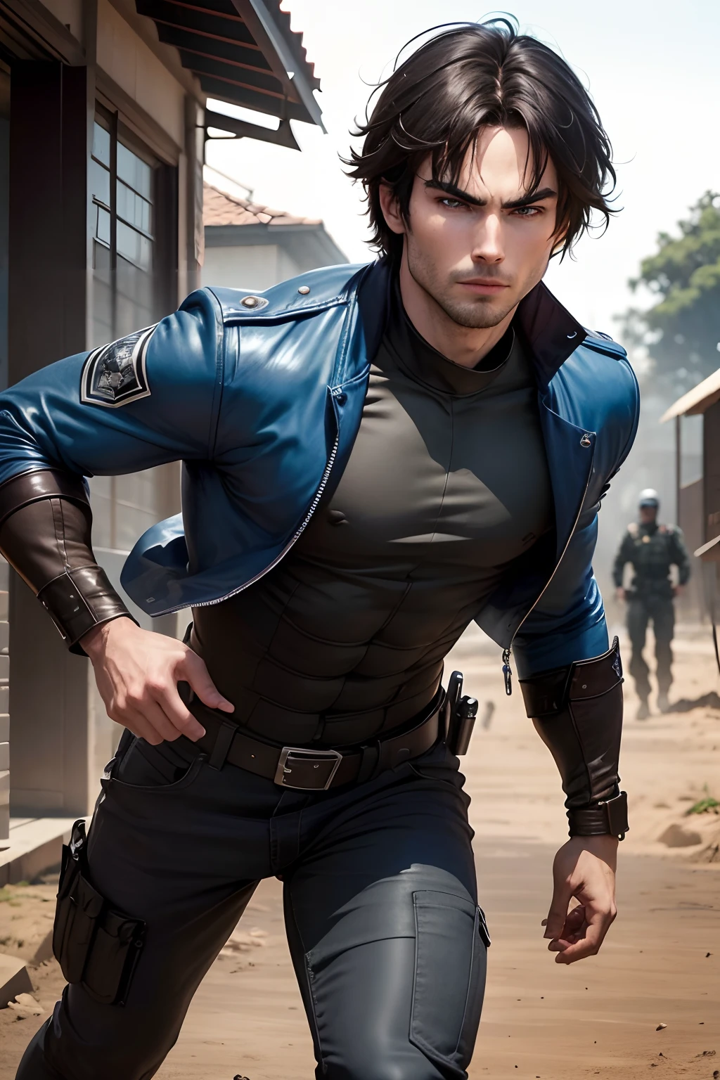 man with the similar appearance of Ian somerhalder and David Corenswet black hair and blue eyes, in combat position, agachado, graves, punho fechado, preparado para uma briga.