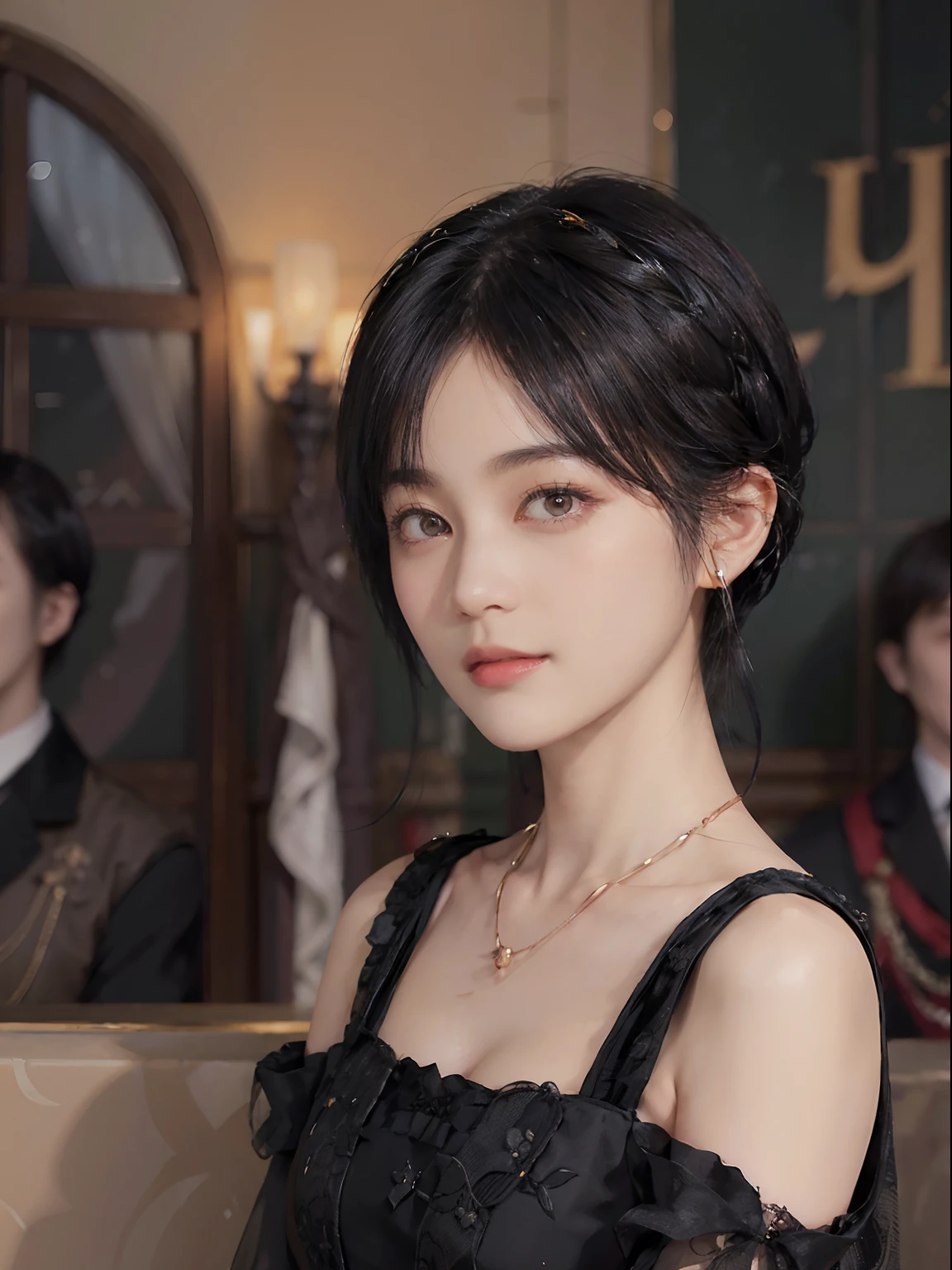 ((1womanl)),  (((Black Shorthair))), （masuter piece：1,3）、top-quality、​masterpiece、hight resolution、Original、highly detailed wallpaper、dress code、Luxurious necklace, A slight smil、a small face、(Breast)、(Light on Face)、Live-action style, Beautiful facial features, darkened room, ((Hu Dilan))