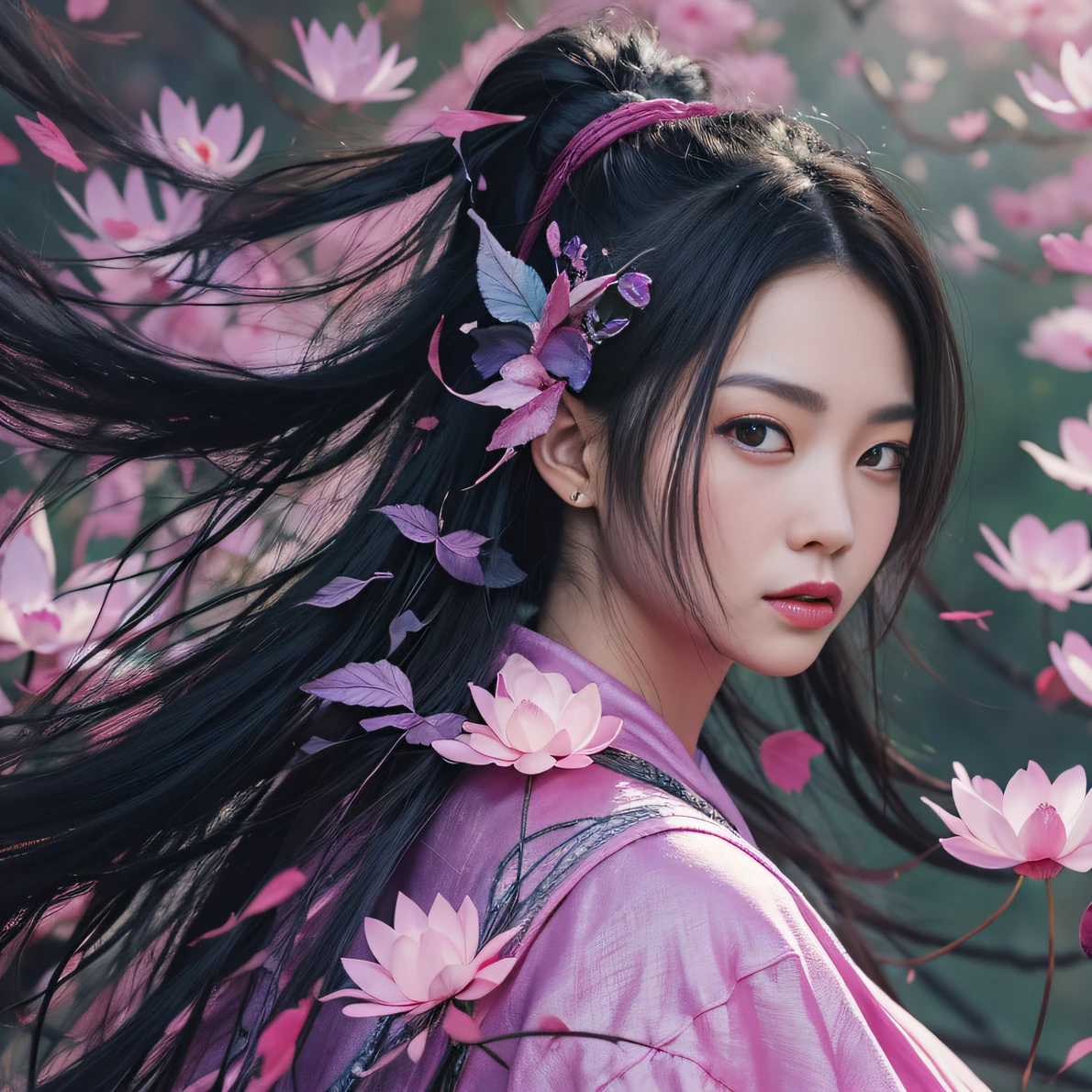 32K（tmasterpiece，k hd，hyper HD，32K）Long flowing black hair，ponds，zydink， a color， Aozhou people （Concubine girl）， （Purple silk scarf）， Combat posture， looking at the ground， long whitr hair， Floating hair， Carp pattern headdress， Chinese long-sleeved clothing， （Abstract gouache splash：1.2）， Pink petal background，Pink and white lotus flowers fly（realisticlying：1.4），Black color hair，Fallen leaves flutter，The background is pure， A high resolution， the detail， RAW photogr， Sharp Re， Nikon D850 Film Stock Photo by Jefferies Lee 4 Kodak Portra 400 Camera F1.6 shots, Rich colors, ultra-realistic vivid textures, Dramatic lighting, Unreal Engine Art Station Trend, cinestir 800，Long flowing black hair，Denim skirt
