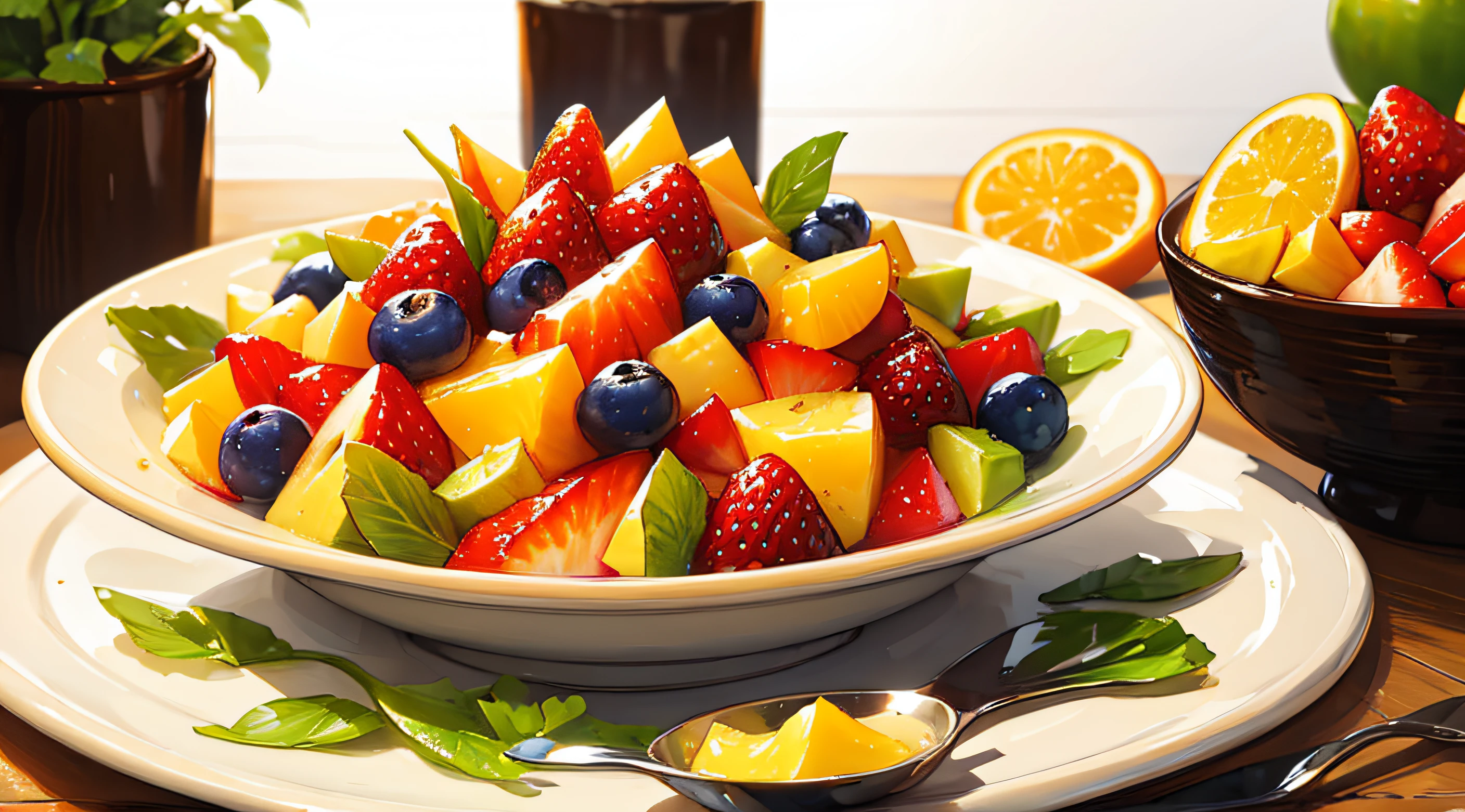 ((Masterpiece)), ((Best Quality)), A refreshing fruit salad with a variety of vibrant, fresh fruits arranged in an artful composition.