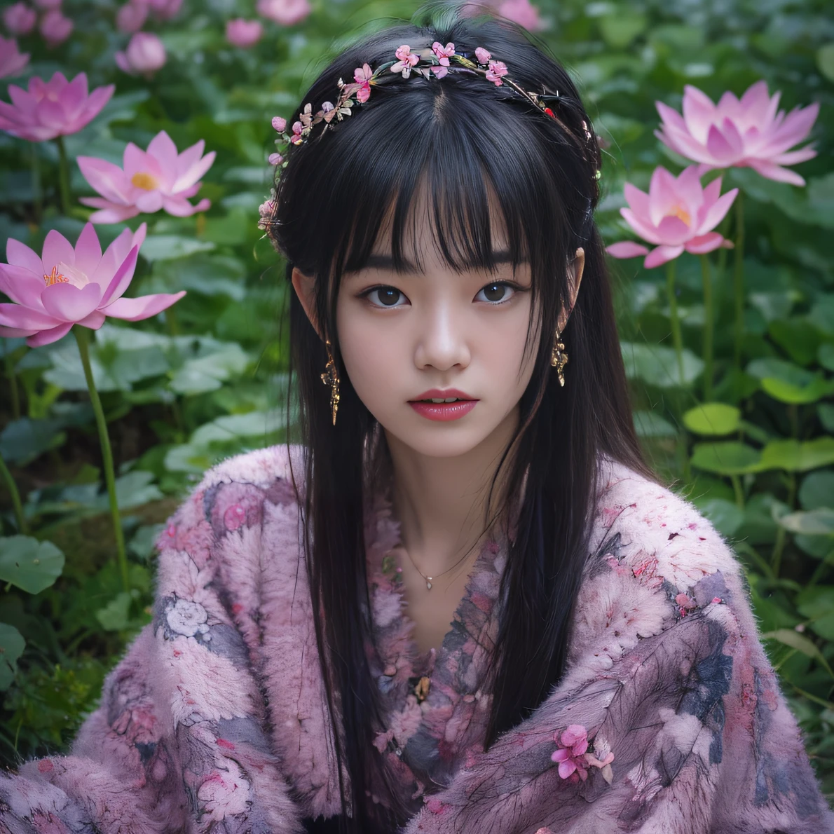 32K（tmasterpiece，k hd，hyper HD，32K）Long flowing black hair，ponds，zydink， a color， Aozhou people （Concubine girl）， （Purple silk scarf）， Combat posture， looking at the ground， long whitr hair， Floating hair， Carp pattern headdress， Chinese long-sleeved clothing， （Abstract gouache splash：1.2）， Pink petal background，Pink and white lotus flowers fly（realisticlying：1.4），Black color hair，Fallen leaves flutter，The background is pure， A high resolution， the detail， RAW photogr， Sharp Re， Nikon D850 Film Stock Photo by Jefferies Lee 4 Kodak Portra 400 Camera F1.6 shots, Rich colors, ultra-realistic vivid textures, Dramatic lighting, Unreal Engine Art Station Trend, cinestir 800，Long flowing black hair，Denim skirt