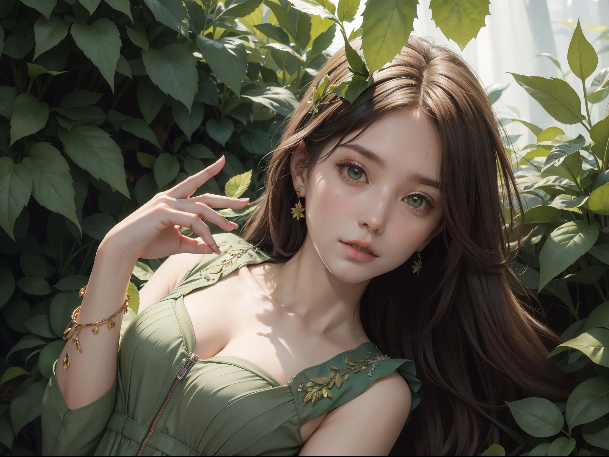 a beautiful 20 year old girl, detailed face, gorgeous eyes, full lips, long eyelashes, detailed skin, photorealistic, natural lighting, serene expression, sensual pose, outdoor garden, lush greenery, detailed foliage, golden hour lighting, cinematic composition, muted color palette, (best quality,4k,8k,highres,masterpiece:1.2),ultra-detailed,(realistic,photorealistic,photo-realistic:1.37)
