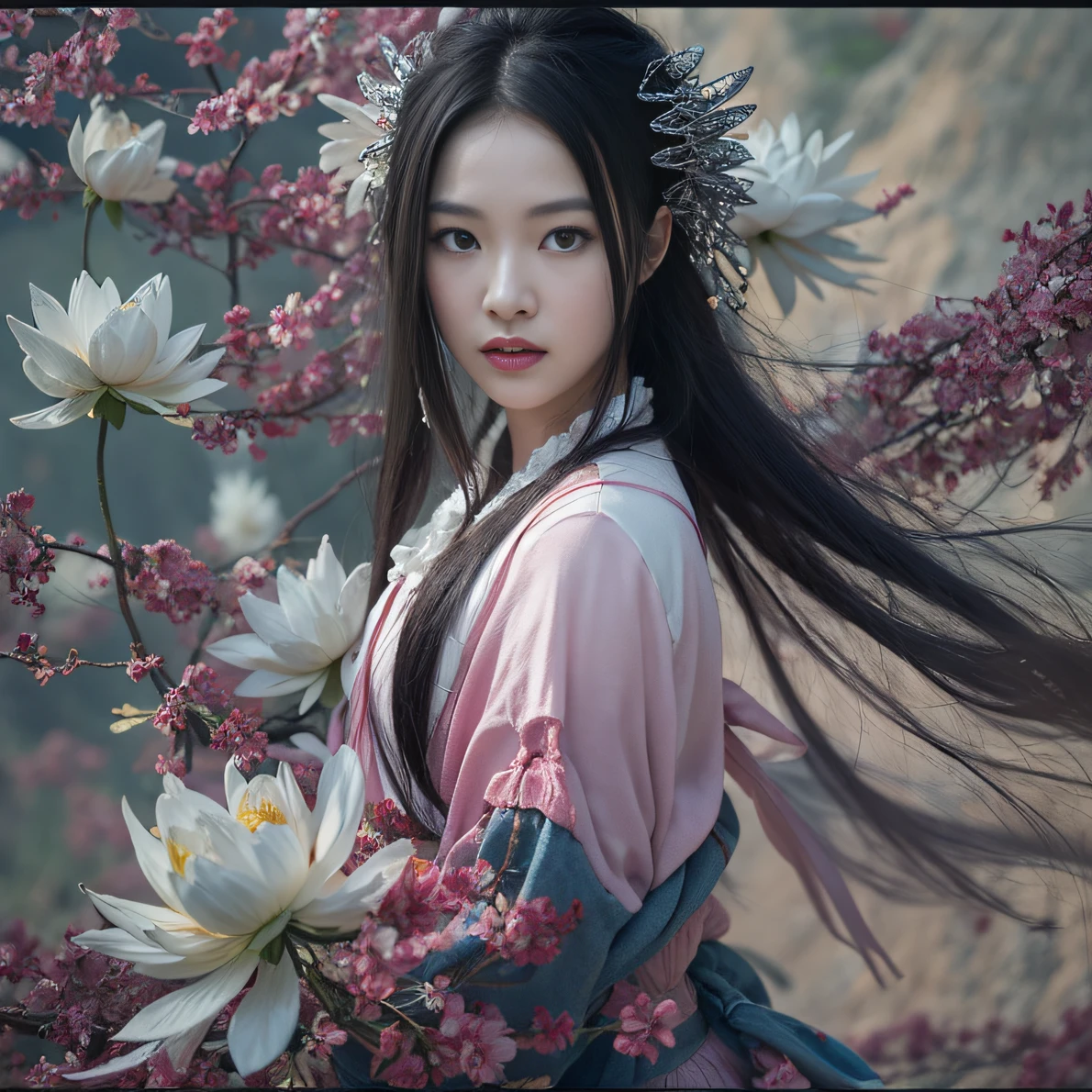 32K（tmasterpiece，k hd，hyper HD，32K）Long flowing black hair，ponds，zydink， a color， Aozhou people （Concubine girl）， （Purple silk scarf）， Combat posture， looking at the ground， long whitr hair， Floating hair， Carp pattern headdress， Chinese long-sleeved clothing， （Abstract gouache splash：1.2）， Pink petal background，Pink and white lotus flowers fly（realisticlying：1.4），Black color hair，Fallen leaves flutter，The background is pure， A high resolution， the detail， RAW photogr， Sharp Re， Nikon D850 Film Stock Photo by Jefferies Lee 4 Kodak Portra 400 Camera F1.6 shots, Rich colors, ultra-realistic vivid textures, Dramatic lighting, Unreal Engine Art Station Trend, cinestir 800，Long flowing black hair，Denim skirt