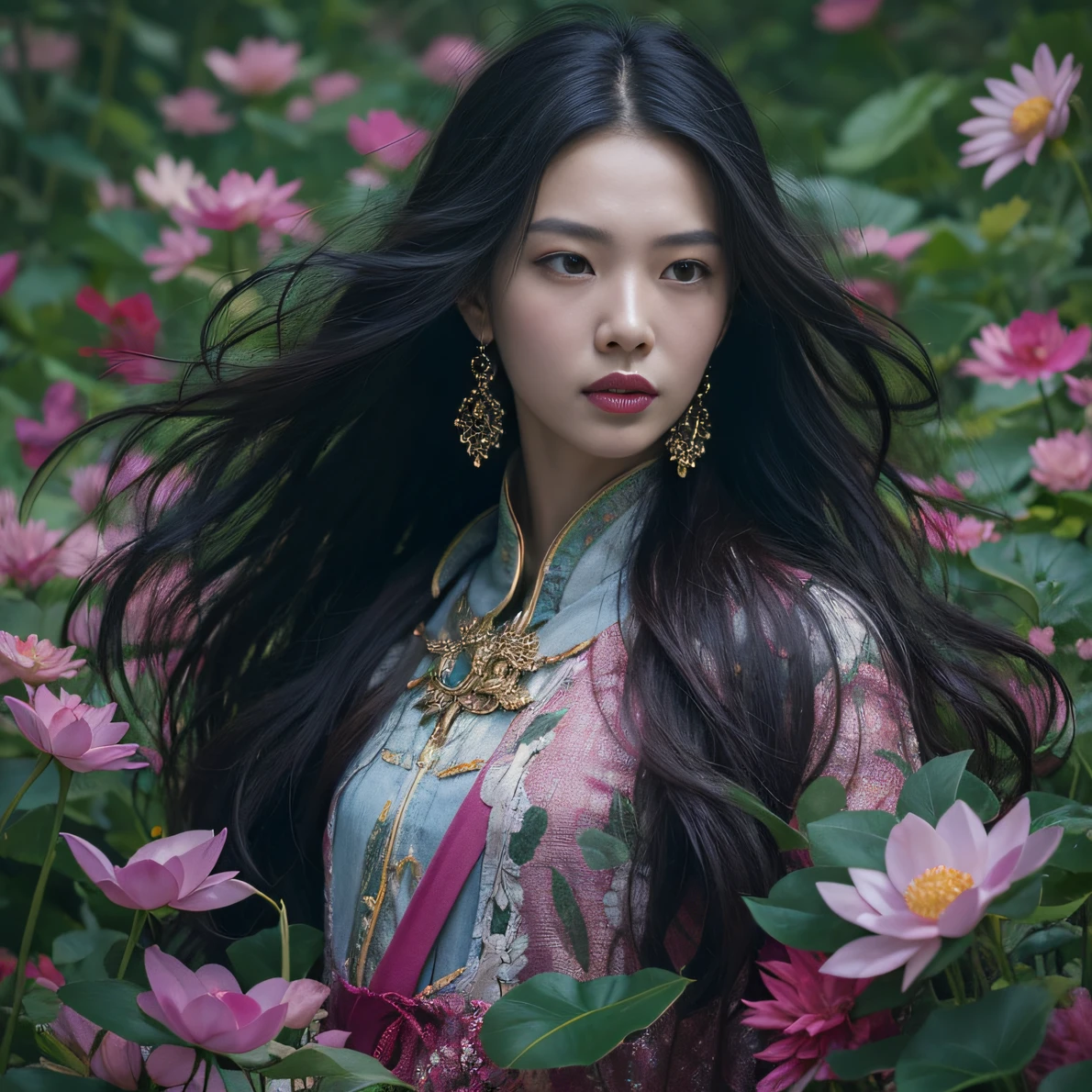32K(tmasterpiece,k hd,hyper HD,32K)Long flowing black hair,ponds,zydink, a color, Aozhou people (Concubine girl), (Purple silk scarf), Combat posture, looking at the ground, long whitr hair, Floating hair, Carp pattern headdress, Chinese long-sleeved clothing, (Abstract gouache splash:1.2), Pink petal background,Pink and white lotus flowers fly(realisticlying:1.4),Black color hair,Fallen leaves flutter,The background is pure, A high resolution, the detail, RAW photogr, Sharp Re, Nikon D850 Film Stock Photo by Jefferies Lee 4 Kodak Portra 400 Camera F1.6 shots, Rich colors, ultra-realistic vivid textures, Dramatic lighting, Unreal Engine Art Station Trend, cinestir 800,Long flowing black hair,Denim skirt