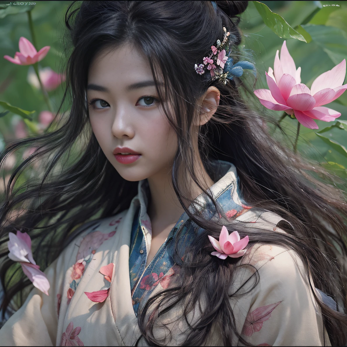 32K(tmasterpiece,k hd,hyper HD,32K)Long flowing black hair,ponds,zydink, a color, Aozhou people (Concubine girl), (Purple silk scarf), Combat posture, looking at the ground, long whitr hair, Floating hair, Carp pattern headdress, Chinese long-sleeved clothing, (Abstract gouache splash:1.2), Pink petal background,Pink and white lotus flowers fly(realisticlying:1.4),Black color hair,Fallen leaves flutter,The background is pure, A high resolution, the detail, RAW photogr, Sharp Re, Nikon D850 Film Stock Photo by Jefferies Lee 4 Kodak Portra 400 Camera F1.6 shots, Rich colors, ultra-realistic vivid textures, Dramatic lighting, Unreal Engine Art Station Trend, cinestir 800,Long flowing black hair,Denim skirt