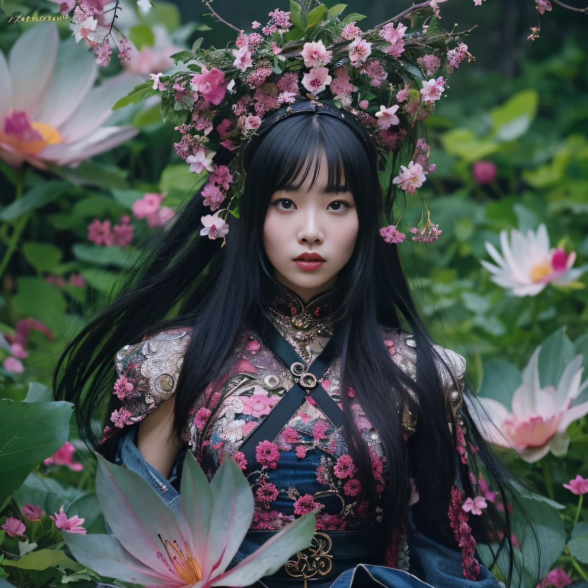 32K（tmasterpiece，k hd，hyper HD，32K）Long flowing black hair，ponds，zydink， a color， Aozhou people （Concubine girl）， （Purple silk scarf）， Combat posture， looking at the ground， long whitr hair， Floating hair， Carp pattern headdress， Chinese long-sleeved clothing， （Abstract gouache splash：1.2）， Pink petal background，Pink and white lotus flowers fly（realisticlying：1.4），Black color hair，Fallen leaves flutter，The background is pure， A high resolution， the detail， RAW photogr， Sharp Re， Nikon D850 Film Stock Photo by Jefferies Lee 4 Kodak Portra 400 Camera F1.6 shots, Rich colors, ultra-realistic vivid textures, Dramatic lighting, Unreal Engine Art Station Trend, cinestir 800，Long flowing black hair，Denim skirt
