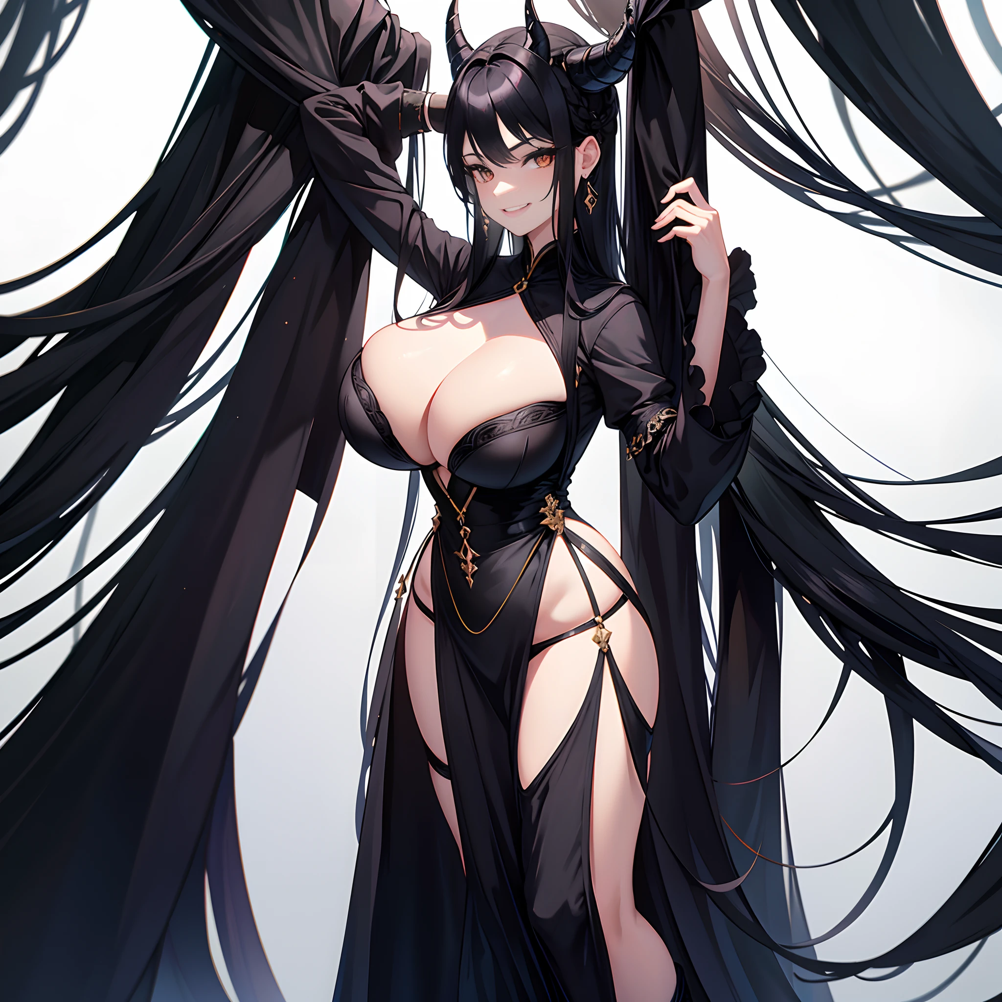 Solo，Facing the viewing angle，black long straight hair，On his head are two black dragon horns，Fishtail braided hairstyle，chiquita，Lori huge breasts cleavage，F-cup，Gorgeous black wedding dress，Gorgeous black shawl，Black colored eyes，A smug smile，Black extra-high heeled boots，stand posture，The right leg is extended forward，White background