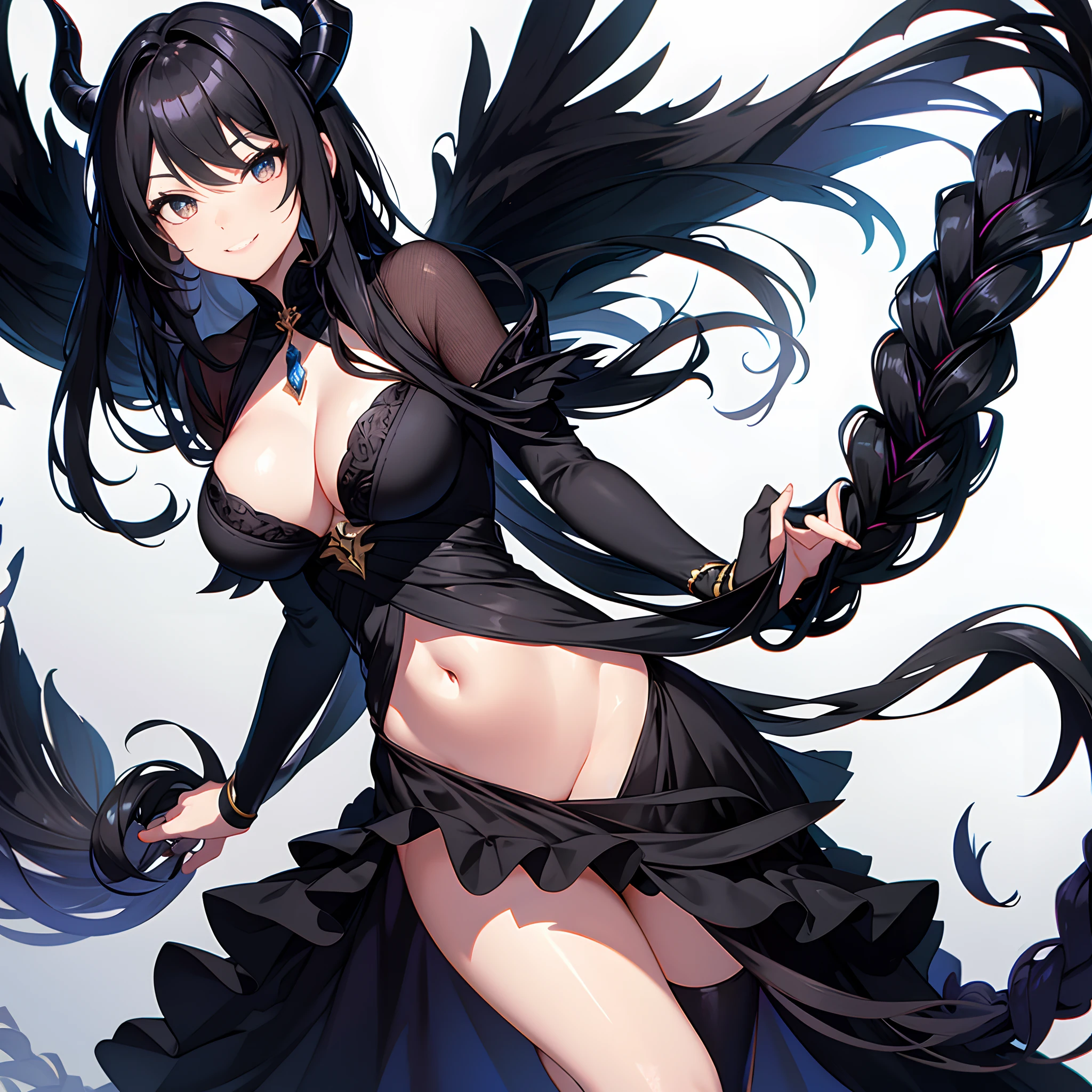 Solo,Facing the viewing angle,black long straight hair,On his head are two black dragon horns,Fishtail braided hairstyle,chiquita,Lori huge breasts cleavage,F-cup,Gorgeous black wedding dress,Gorgeous black shawl,Black colored eyes,A smug smile,Black extra-high heeled boots,stand posture,The right leg is extended forward,White background