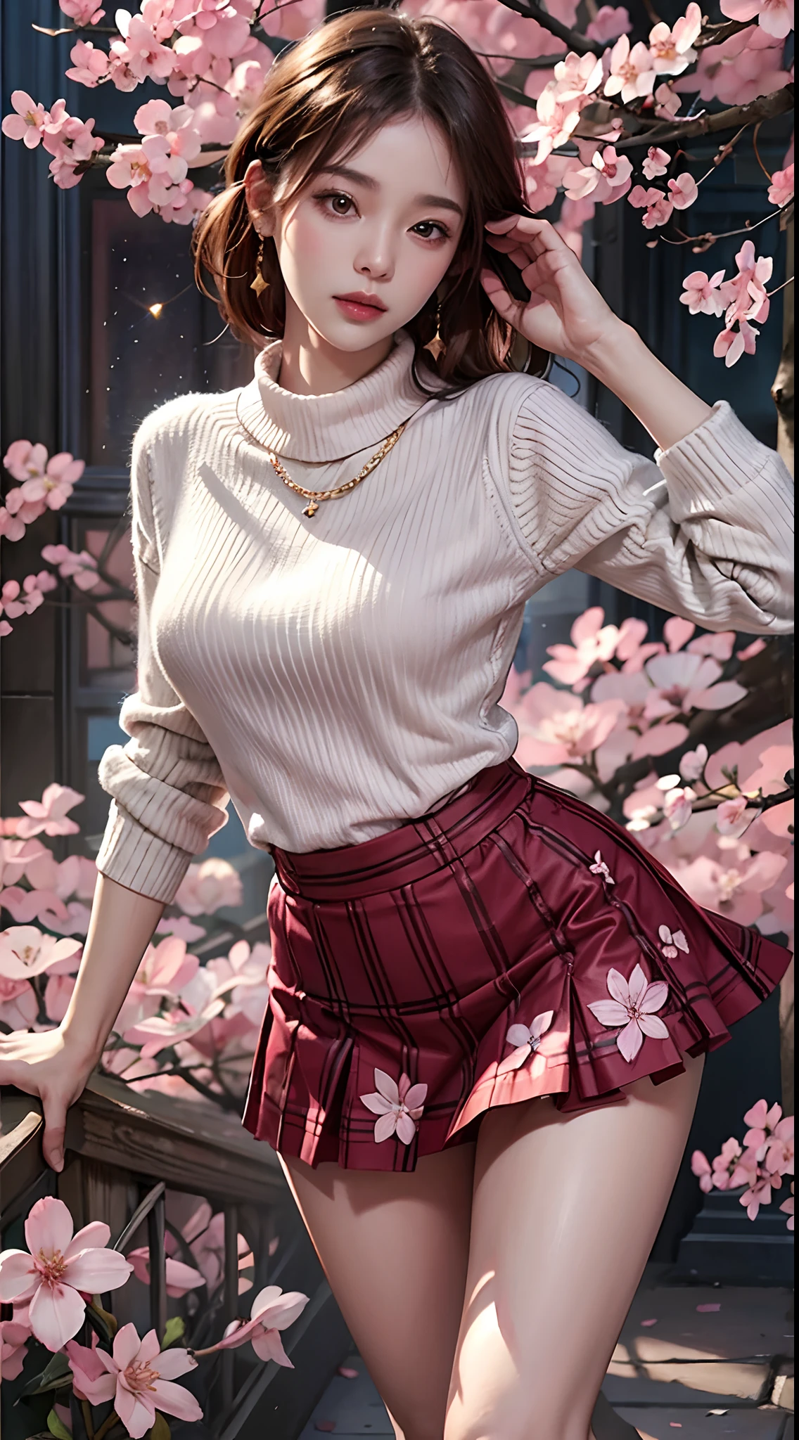 photorealistic, high resolution, soft light, 1women, solo, hips up, dynamic pose, shining skin, jewelry, starry, cherry blossom s, long sweater, skirt