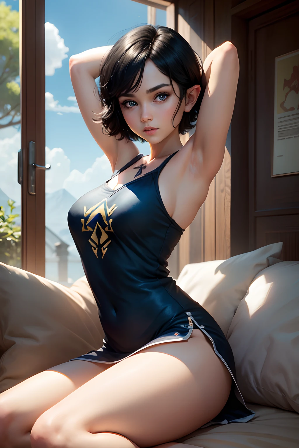 Zelda, short hair, Black hair, armpit, shorts dress, blue eyes, Big legs, jugando playstation