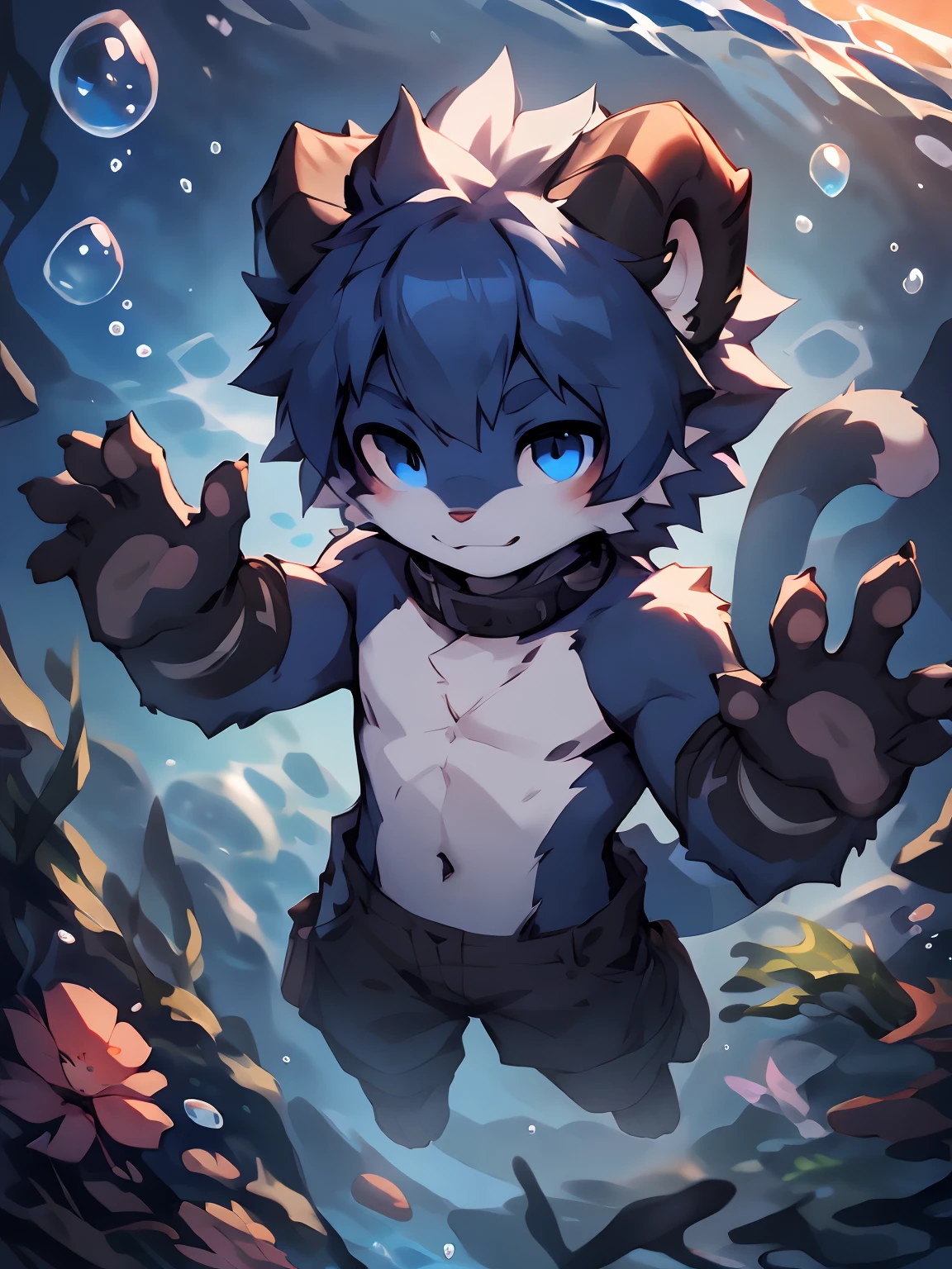 three fourths view，Dark blue body，Fluffy hair，Shota，blue hairs，toddlers，Blue eyes ， adolable， Master masterpieces， A high resolution，8K，detailedbackground，high high quality，Libido boy，独奏，Dragon's horn，Dragon's horn，((Underwater, Bubble, airbubble)),The body floats，Happy expression，solo person，((author：Puinki,By Artists:1.2),(author：Unreal Land,author：Sumi Kuroi,author：Milk Tiger 1145,author：Morkey,author：Emolga 1,Through the egg capsule:1.2),(author：Xia Huaiting:0.8),(by Pino Daeni:0.8),(by Hioshiru:0.8),(by Chunie:0.8).)