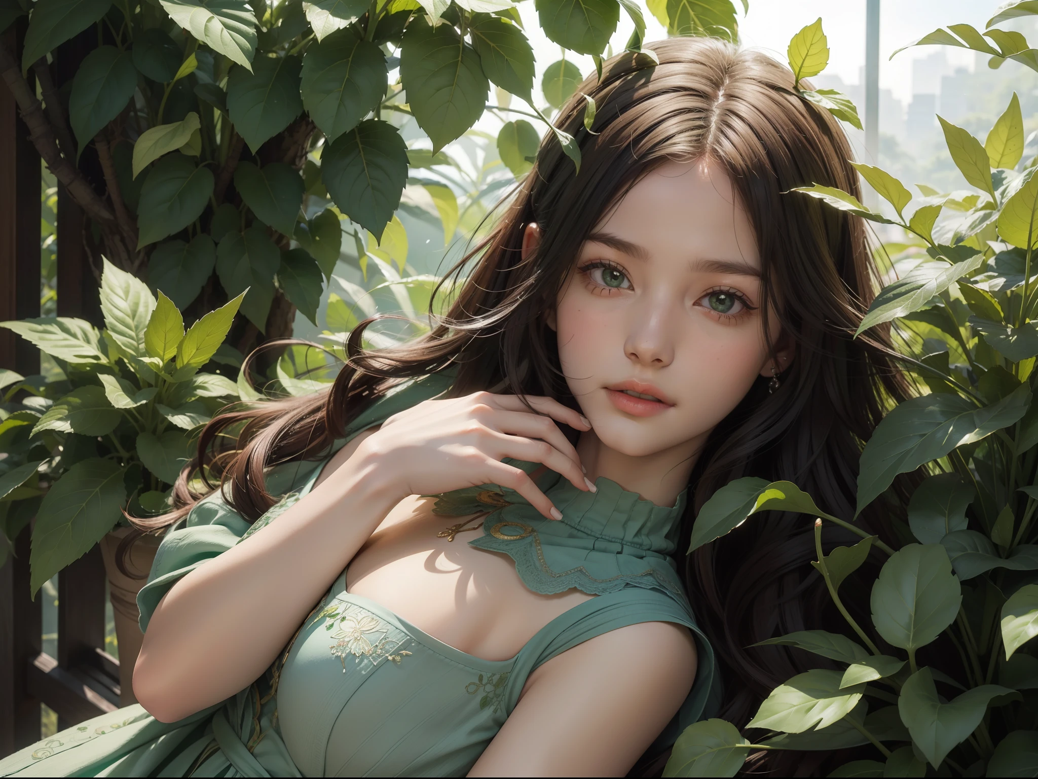 Image Fill, Texture Design, Fine Art, Super Detail, High quality, 8K, Fresh leaves of peppermint, The theme color is green, Refreshing aroma, Healed, Delicate, detailed fingers, supple fingers, natural hand gestures