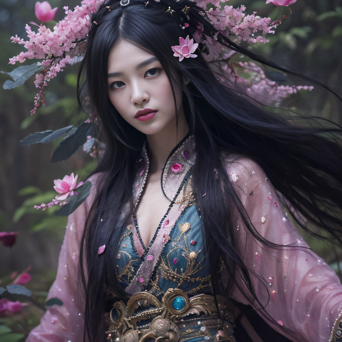 32K(tmasterpiece,k hd,hyper HD,32K)Long flowing black hair,ponds,zydink, a color, Aozhou people (Concubine girl), (Purple silk scarf), Combat posture, looking at the ground, long whitr hair, Floating hair, Carp pattern headdress, Chinese long-sleeved clothing, (Abstract gouache splash:1.2), Pink petal background,Pink and white lotus flowers fly(realisticlying:1.4),Black color hair,Fallen leaves flutter,The background is pure, A high resolution, the detail, RAW photogr, Sharp Re, Nikon D850 Film Stock Photo by Jefferies Lee 4 Kodak Portra 400 Camera F1.6 shots, Rich colors, ultra-realistic vivid textures, Dramatic lighting, Unreal Engine Art Station Trend, cinestir 800,Long flowing black hair,Denim skirt