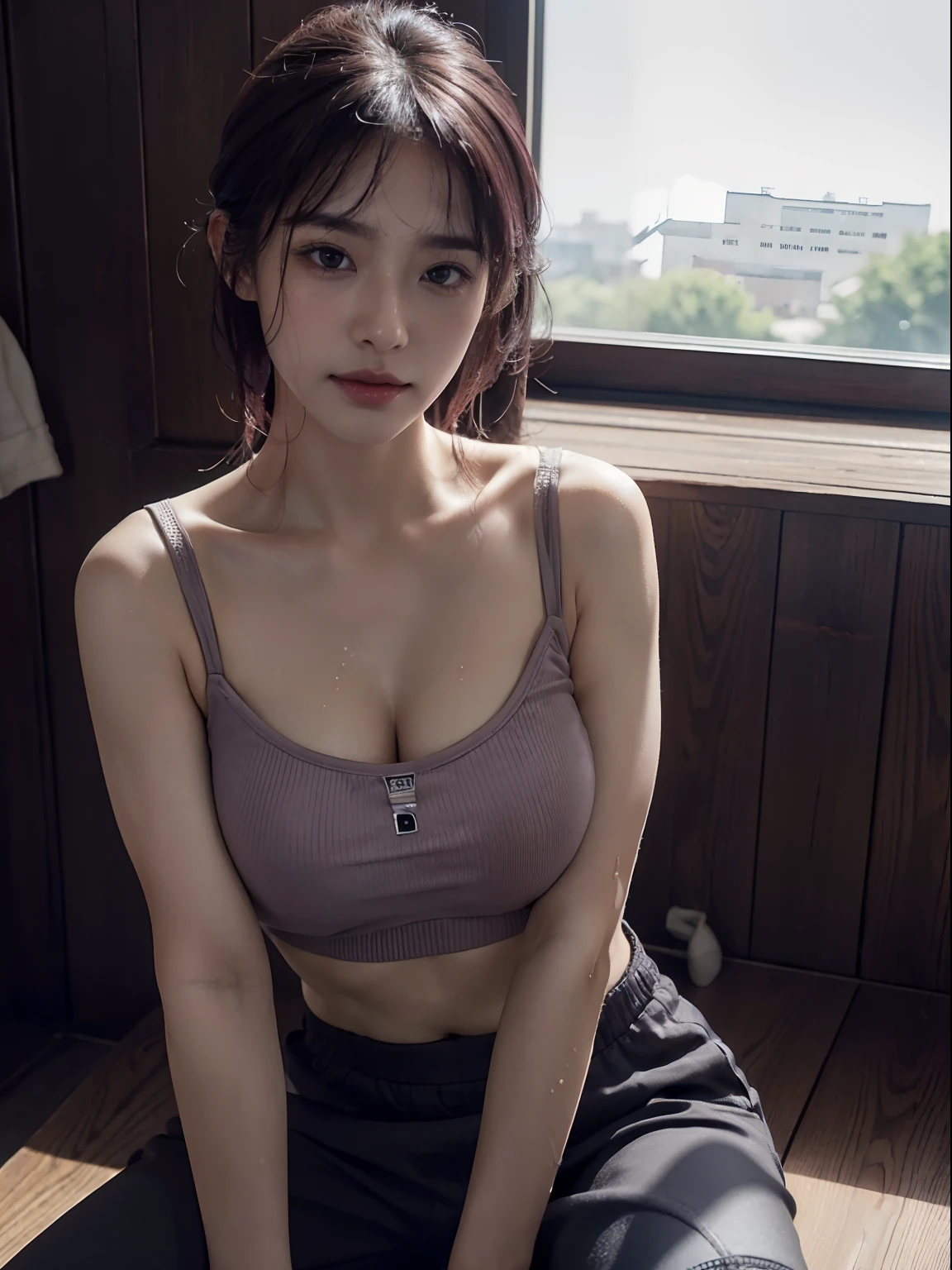 (8k、RAW Photos、top-quality、masterpiece:1.2)、(realisitic、Photorealsitic:1.37)、1girl in、japanes、25-years old、female、(deep in the night)、Moon Night、a room、Night cityscape seen fron the window、Studio Lighting、face lights、photon maping、Radio City、Purple hair、Detailed face、Detailed lips、detailedeyes、More skin、Double eyelids、(huge tit:1.3)、(Sports bra、jpn left sleeve drop down to ankles ;)、(T-shirt and joggers)、(Wearing T shirt and cargo pant)、(((no brassiere)))、Exposed cleavage、exposed shoulder、Thigh exposure、(cammel toe)、(Dark pubic hair:1.5)、perfectbody、shinny skin、(Body wet with sweat:1.2)、smirking face、((Sit up))、cowboy shot、Make eye contact with the camera