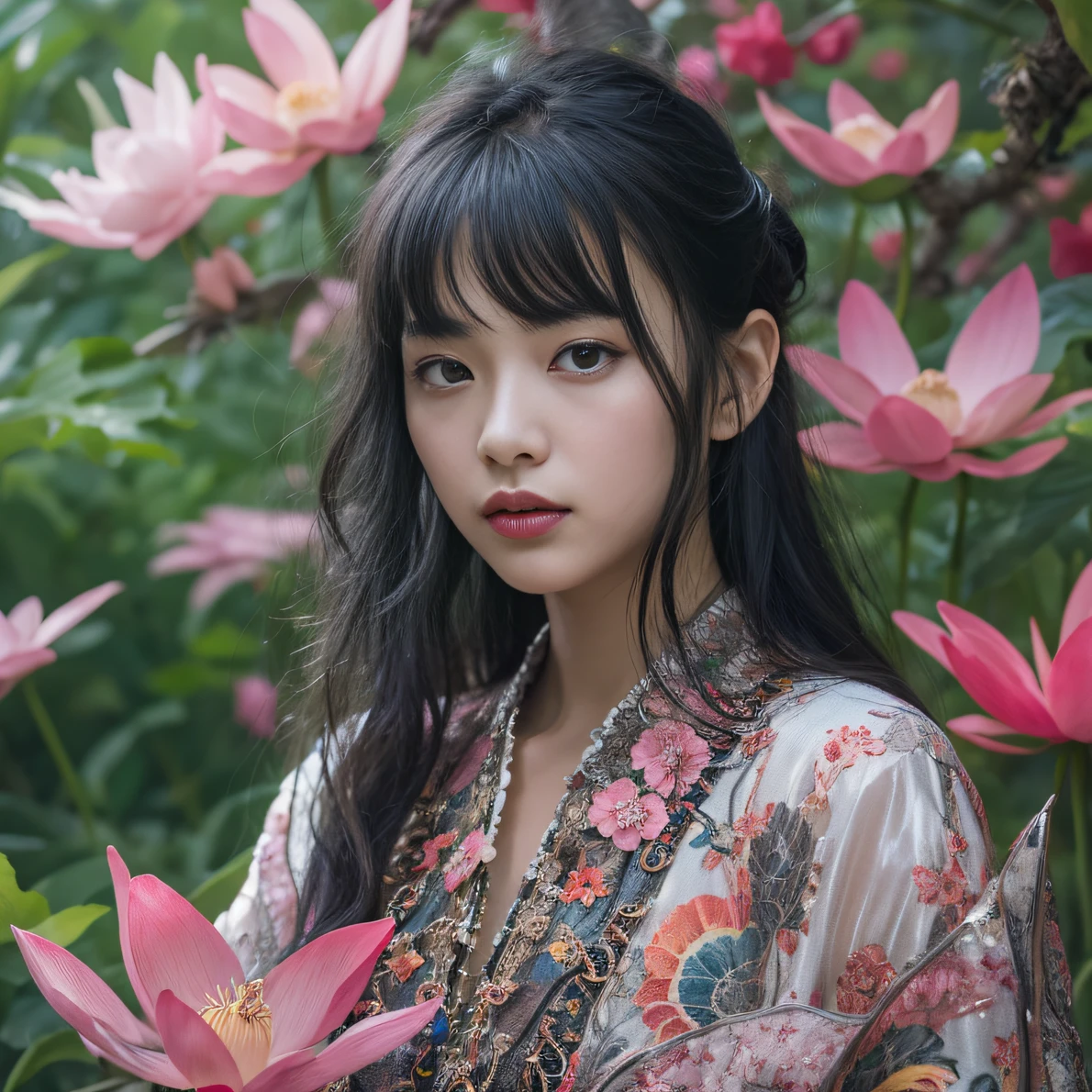 32K(tmasterpiece,k hd,hyper HD,32K)Long flowing black hair,ponds,zydink, a color, Aozhou people (Concubine girl), (Purple silk scarf), Combat posture, looking at the ground, long whitr hair, Floating hair, Carp pattern headdress, Chinese long-sleeved clothing, (Abstract gouache splash:1.2), Pink petal background,Pink and white lotus flowers fly(realisticlying:1.4),Black color hair,Fallen leaves flutter,The background is pure, A high resolution, the detail, RAW photogr, Sharp Re, Nikon D850 Film Stock Photo by Jefferies Lee 4 Kodak Portra 400 Camera F1.6 shots, Rich colors, ultra-realistic vivid textures, Dramatic lighting, Unreal Engine Art Station Trend, cinestir 800,Long flowing black hair,Denim skirt